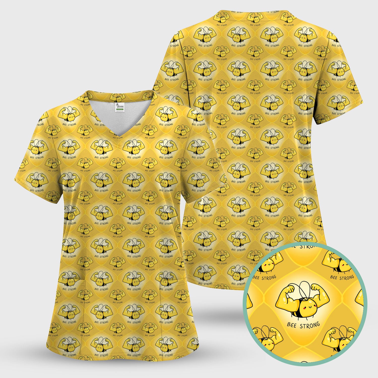 Bee Strong Honey Bee Pattern Scrub Set, Scrub Pants and V Neck Top
