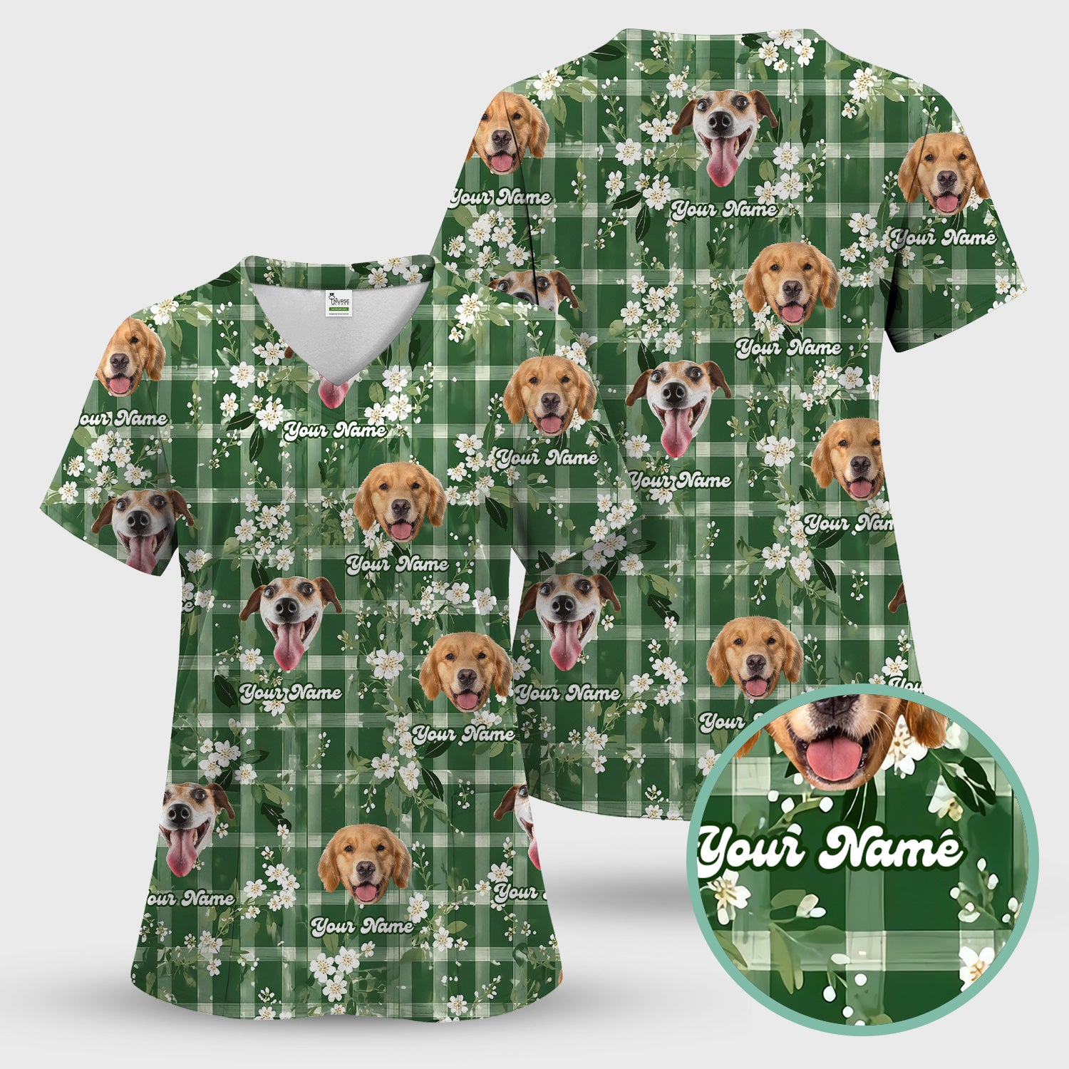 Custom Dog Face Scrub Top, Dog Green Plaid Floral Pattern Shirt, Comfortable Scrubs for Nurses