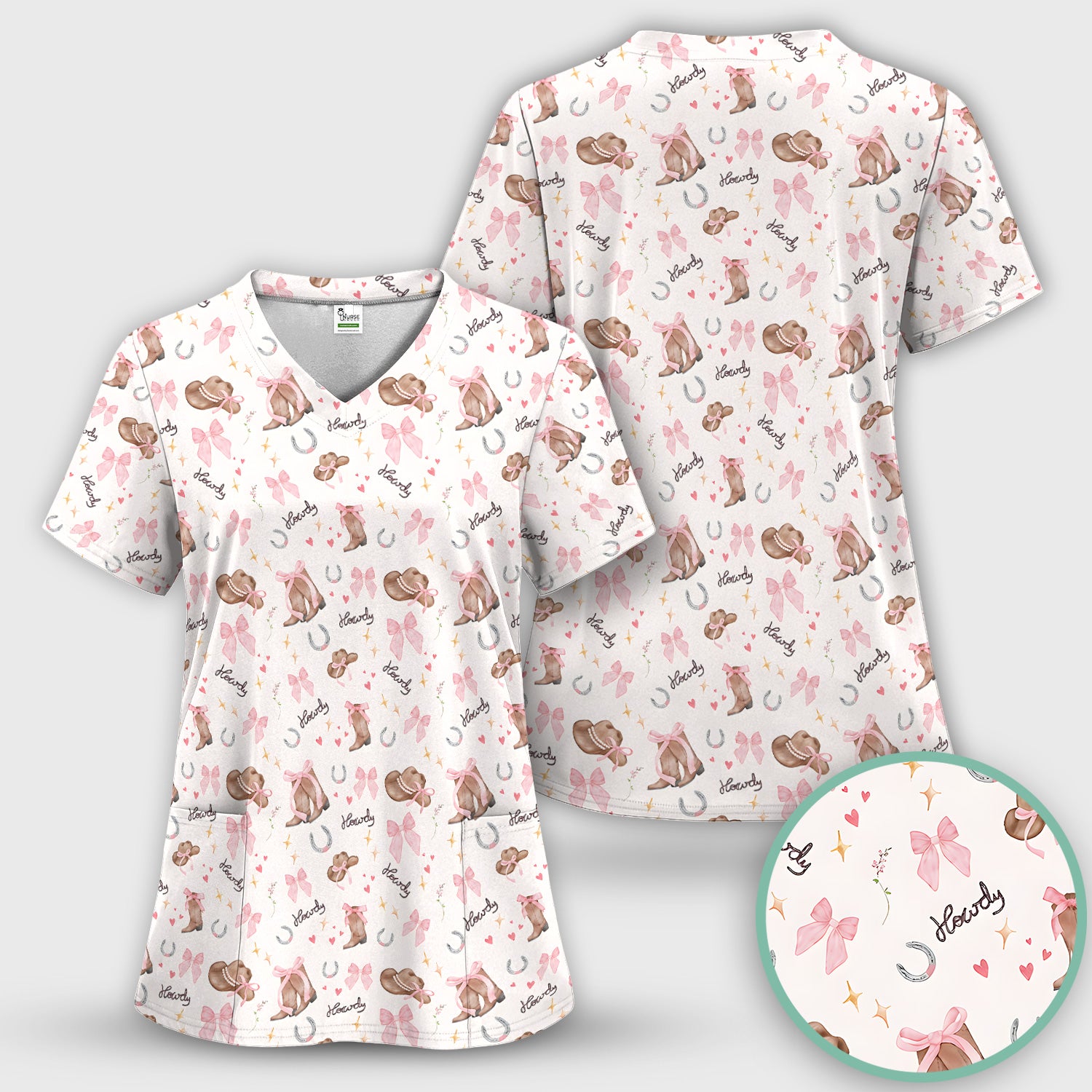 Cute Pink Cowgirl Boots Pattern Scrub Top, Comfortable Scrubs for Nurses