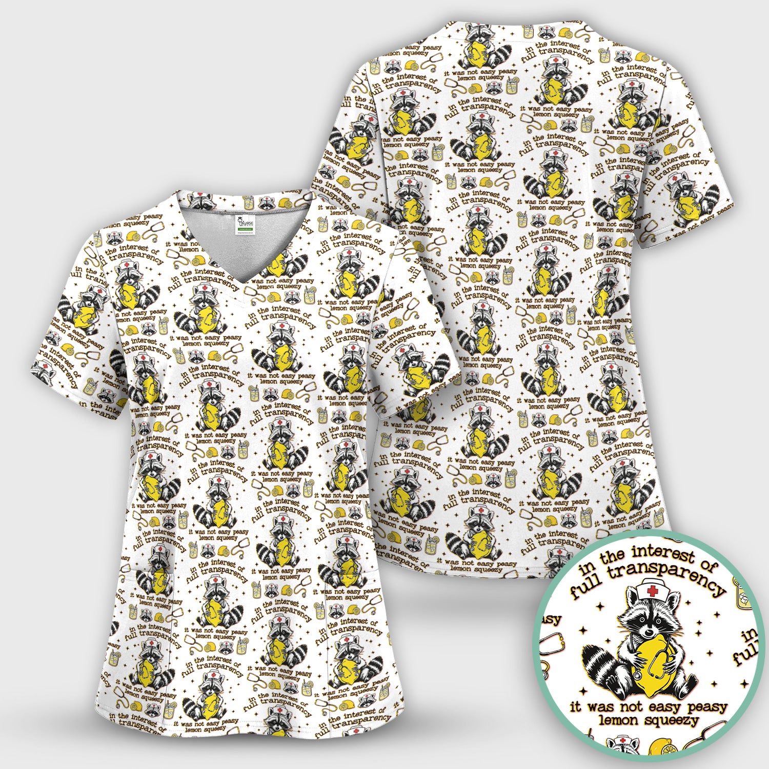 Raccoon Lemon Quote Medical Humor Pattern Scrub Top, Breathable Fabrics Nursing Uniform