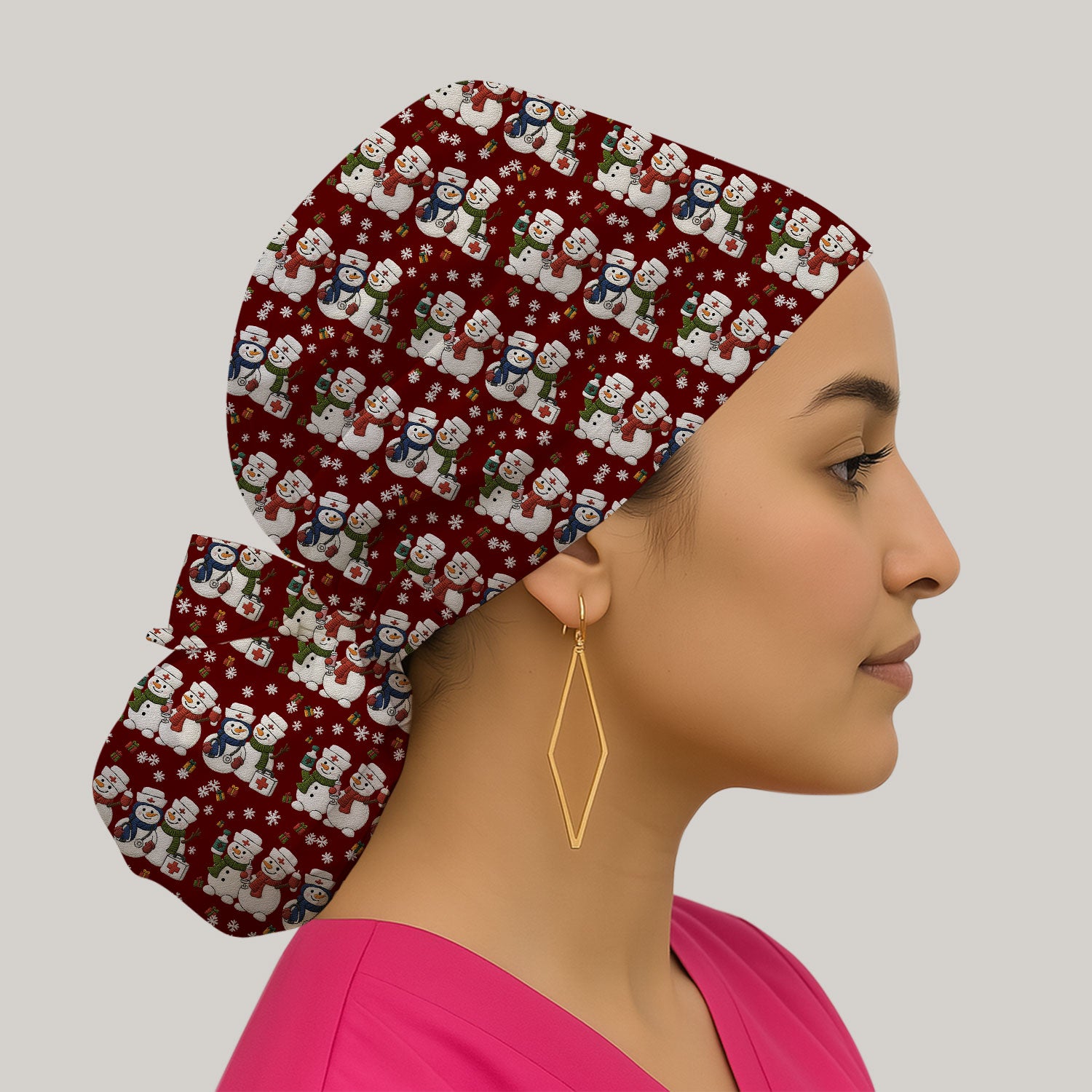 Cute Christmas Snowman Nurse Pattern Print Cap, Bouffant Scrub Caps for Women