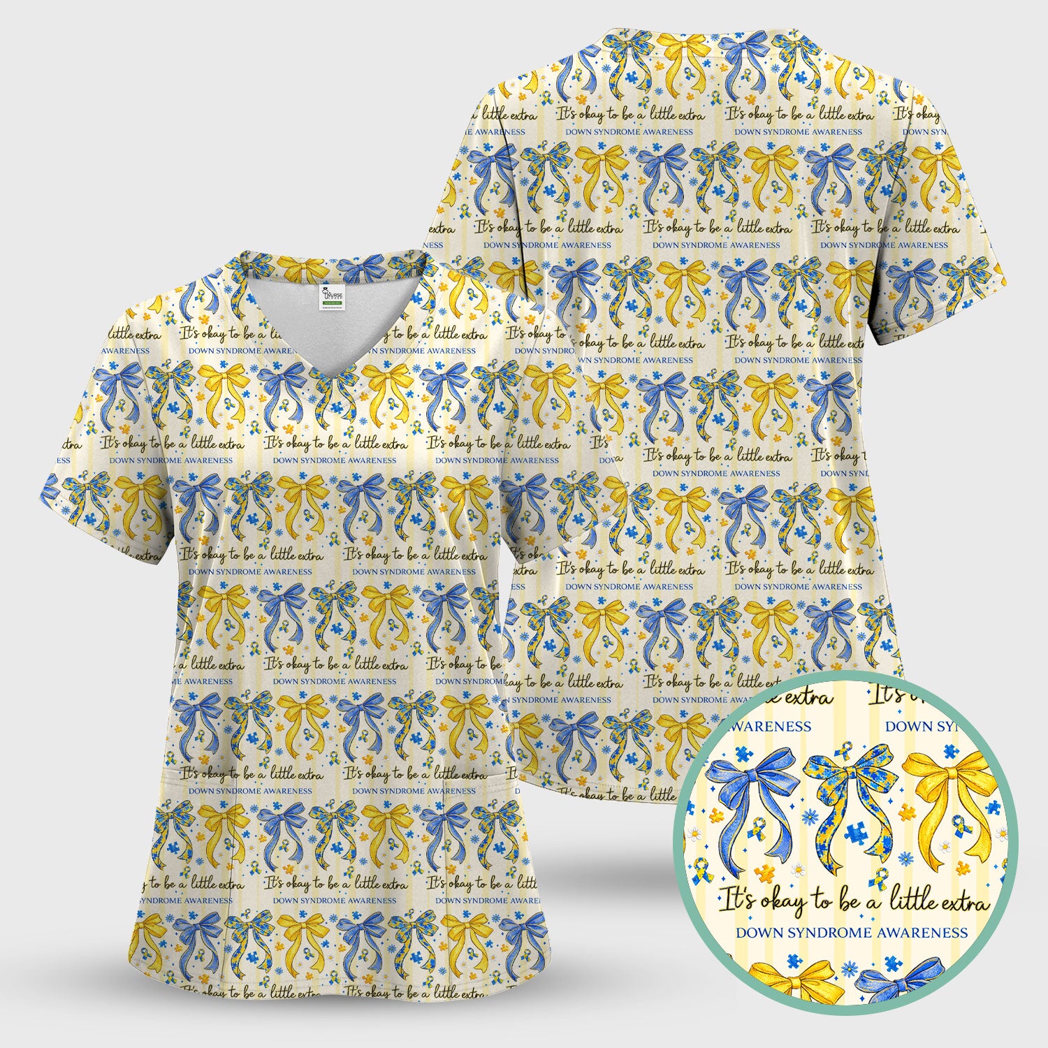 Down Syndrome Awareness Ribbon Pattern Scrub Top Comfortable Nurse Workwear Top