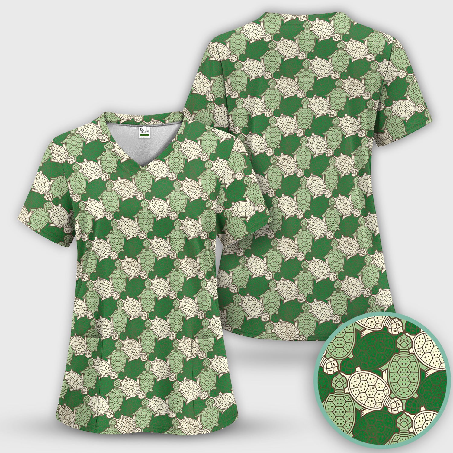 Green Sea Turtle Shell Pattern Scrub Top, Comfortable Scrubs for Nurses
