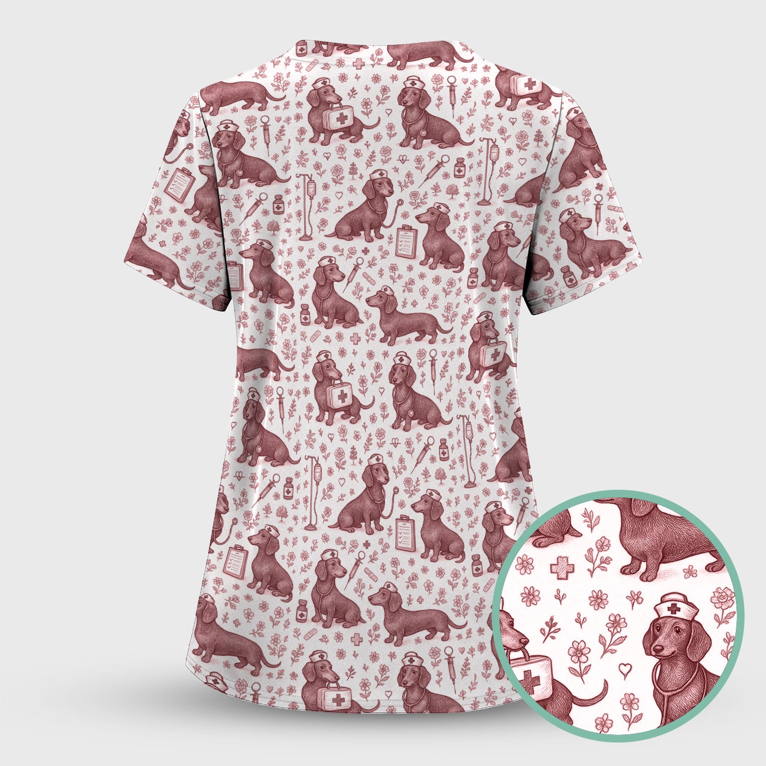 Dachshund Nurse Scrub Top - Cute Dog Pattern Scrubs for Women - Funny Medical Shirt with Vintage Line Art Design