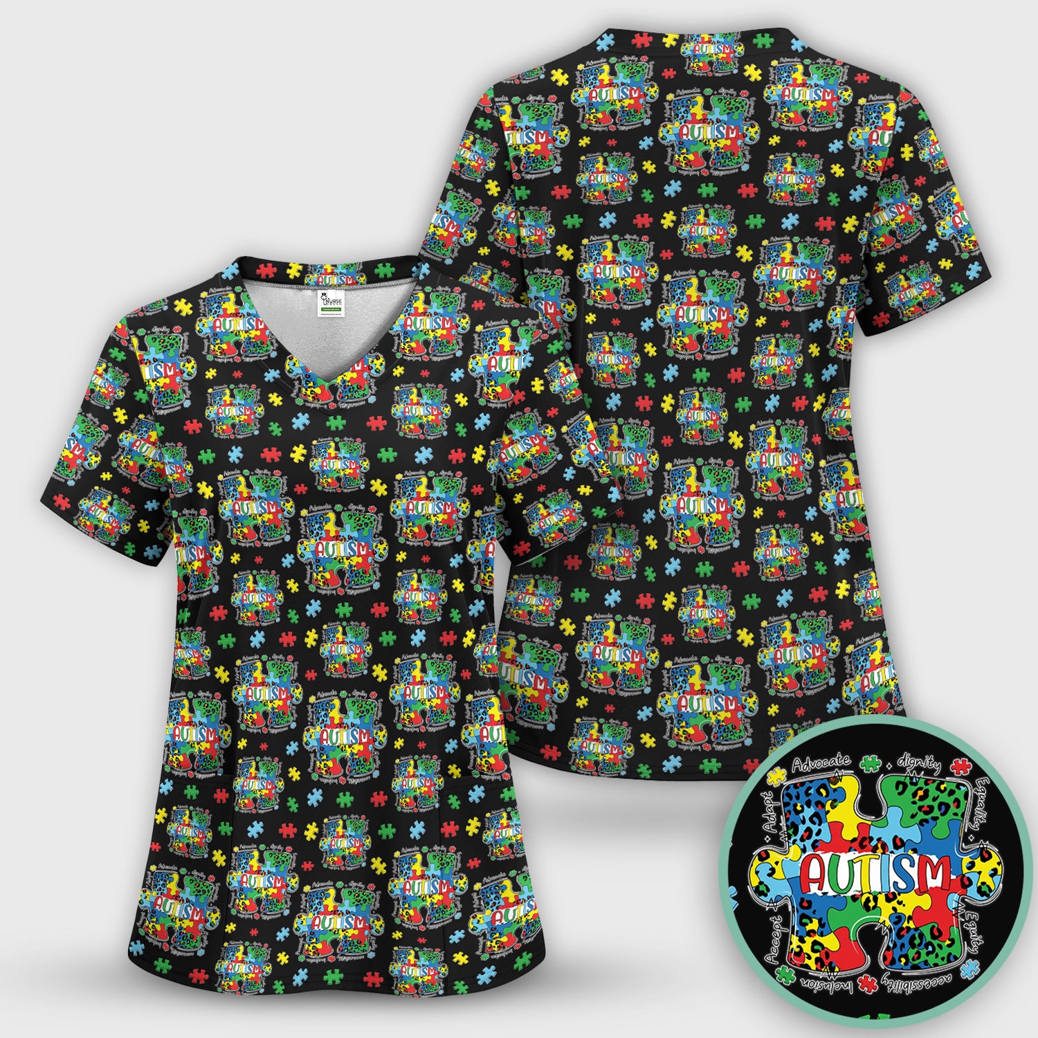 Autism Awareness Puzzle Pattern Scrub Set, Scrub Pants and V Neck Top