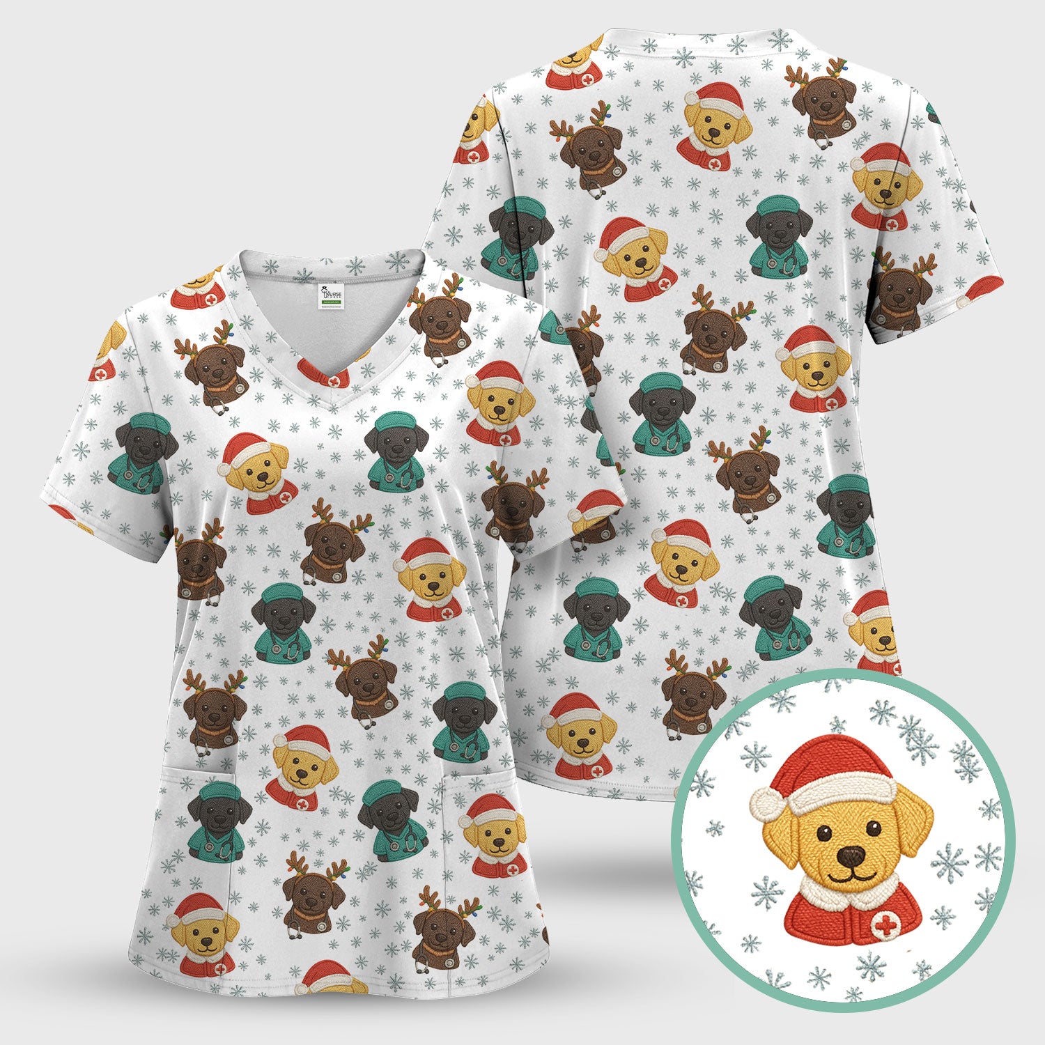 Christmas Dog Pattern Scrub Top, Cute Puppy Nurse Scrub Shirt, Holiday Nursing Uniform