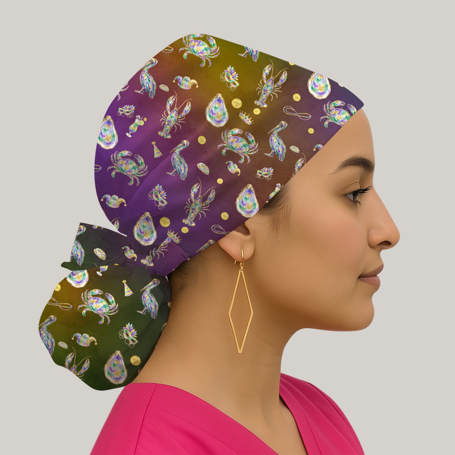 Mardi Gras Seafood Nurse Scrub Cap, Comfortable Uniform Scrubs For Nursing