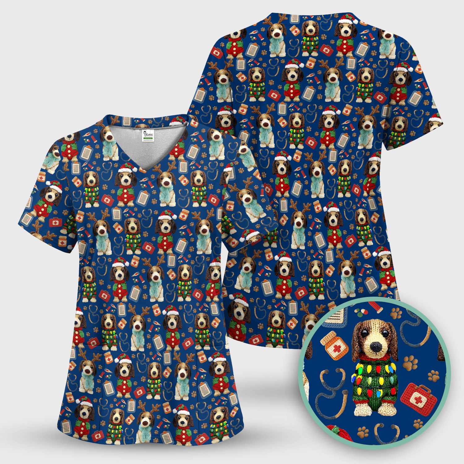 Christmas Doxie Scrubs for Women - Cute Dachshund Christmas Scrub Top for Nurses - Funny Medical Uniform Gift