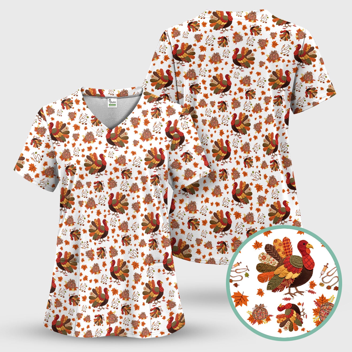 Fall Leaves Thanksgiving Scrubs for Nurses - Comfortable Scrub Tops - Turkey Nursing Uniform Gift for Women