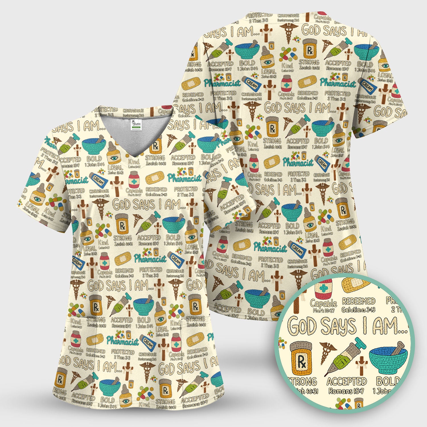 God Says I Am Pharmacist Scrub Top - Christian Pharmacy Scrubs for Women - Faith Inspired Medical Uniform - Bible Verse Nurse Shirt