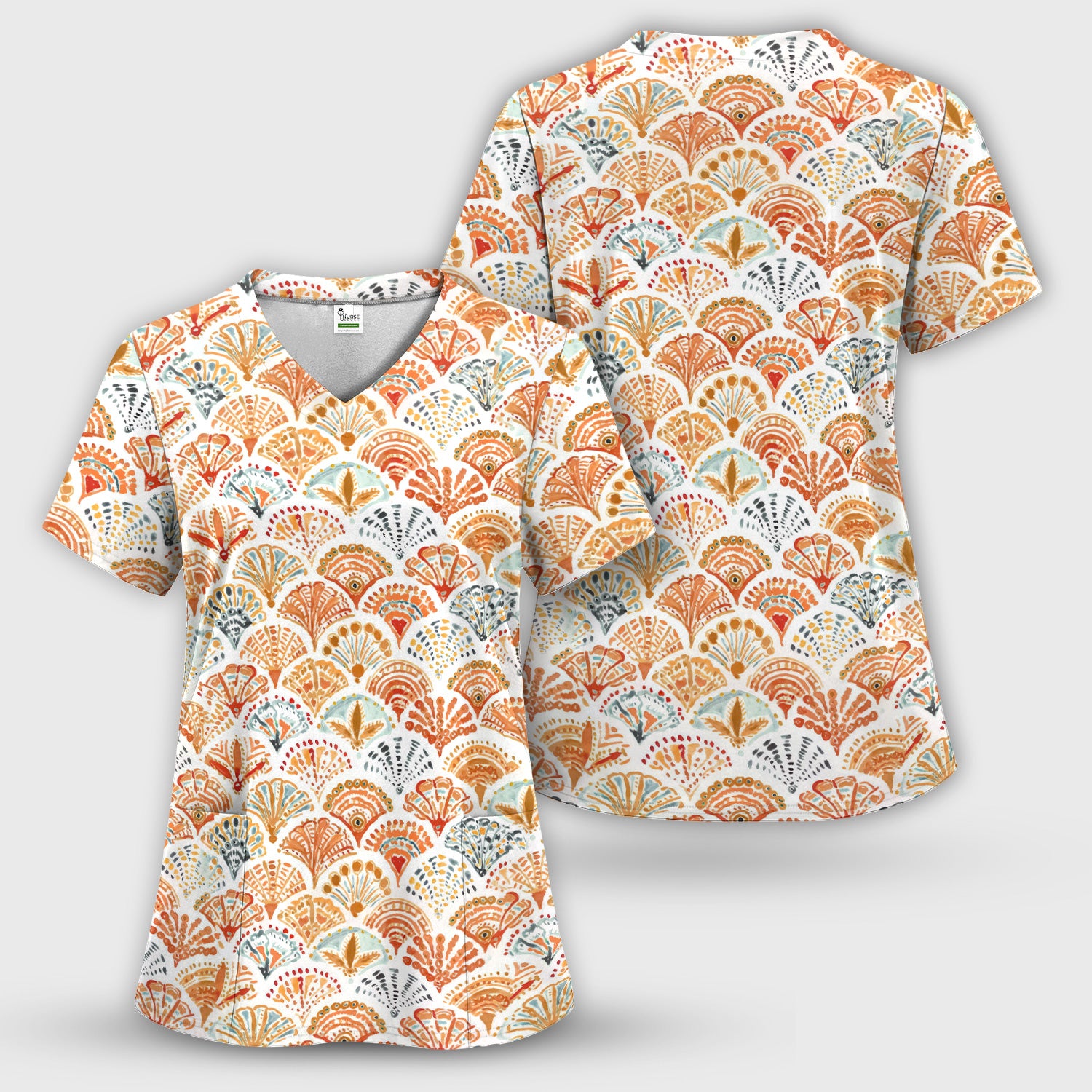 Cute Boho Fan Pattern Scrub Top, Breathable Fabrics Nursing Uniform