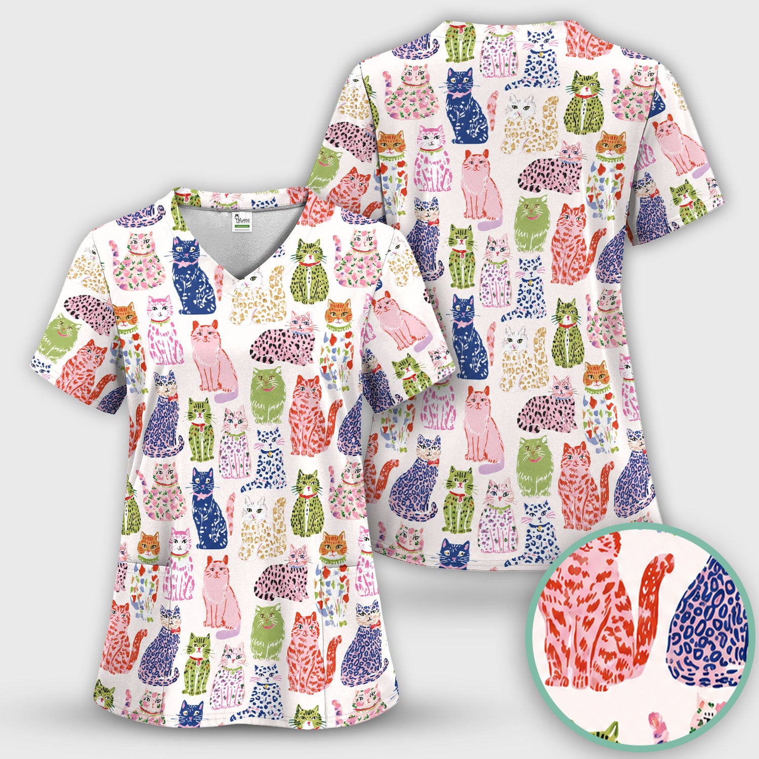 Colorful Cat with Playful Pet Scrub Set, Scrub Pants and V Neck Top