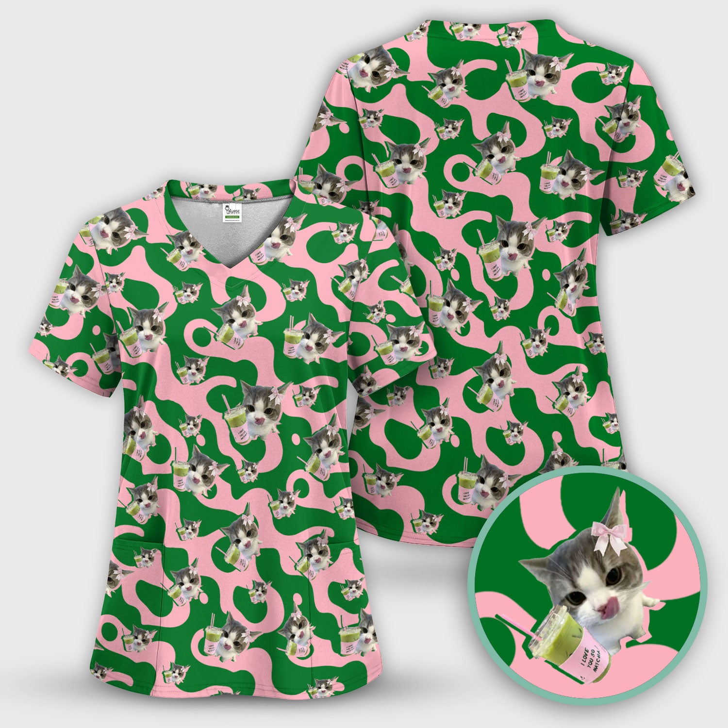 Cute Cat Matcha Nurse Scrub Top, Funny Cat I Love Matcha Medical Shirt,  Breathable Fabrics Nursing Uniform