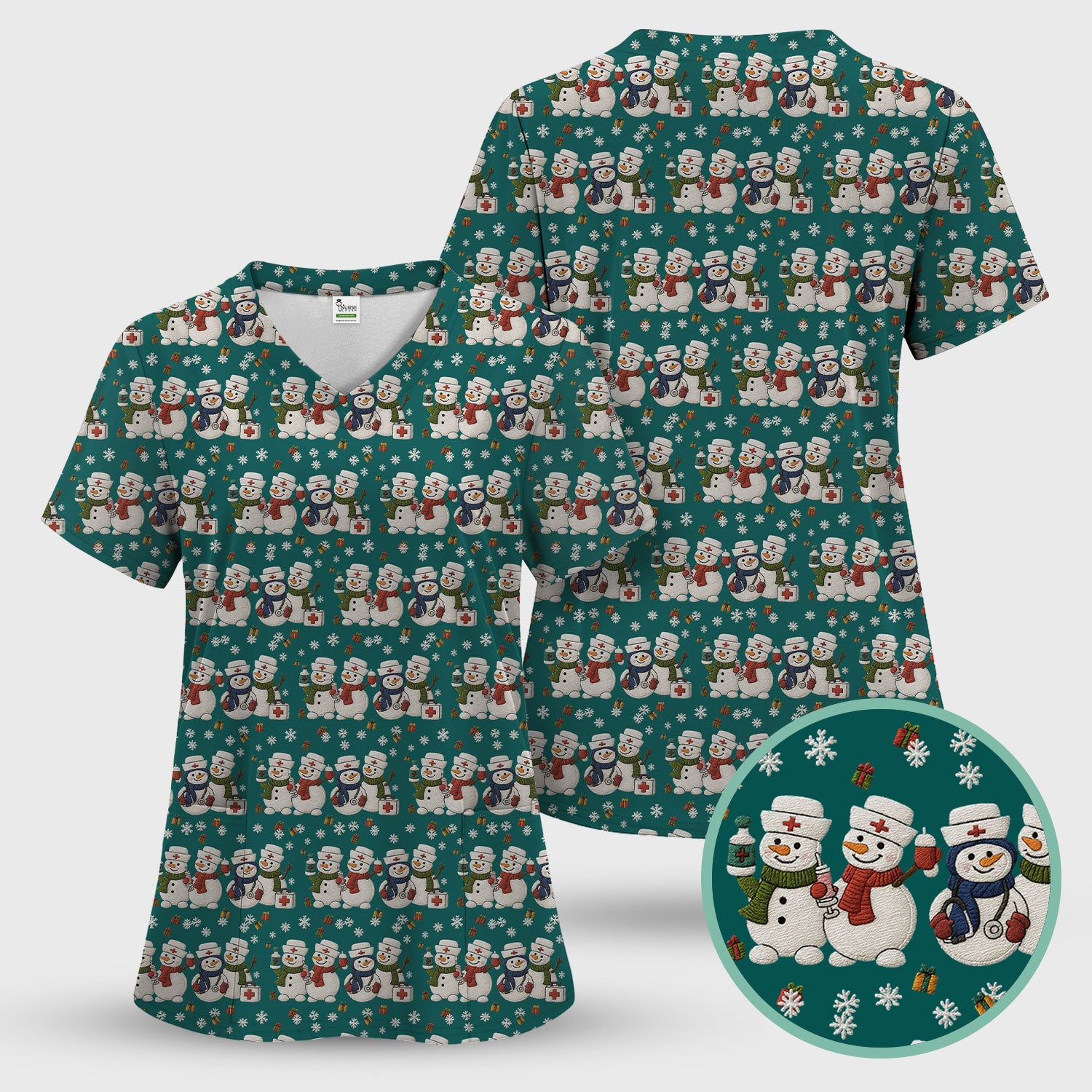 Cute Christmas Snowman Nurse Pattern Scrub Set, Breathable Med Uniform