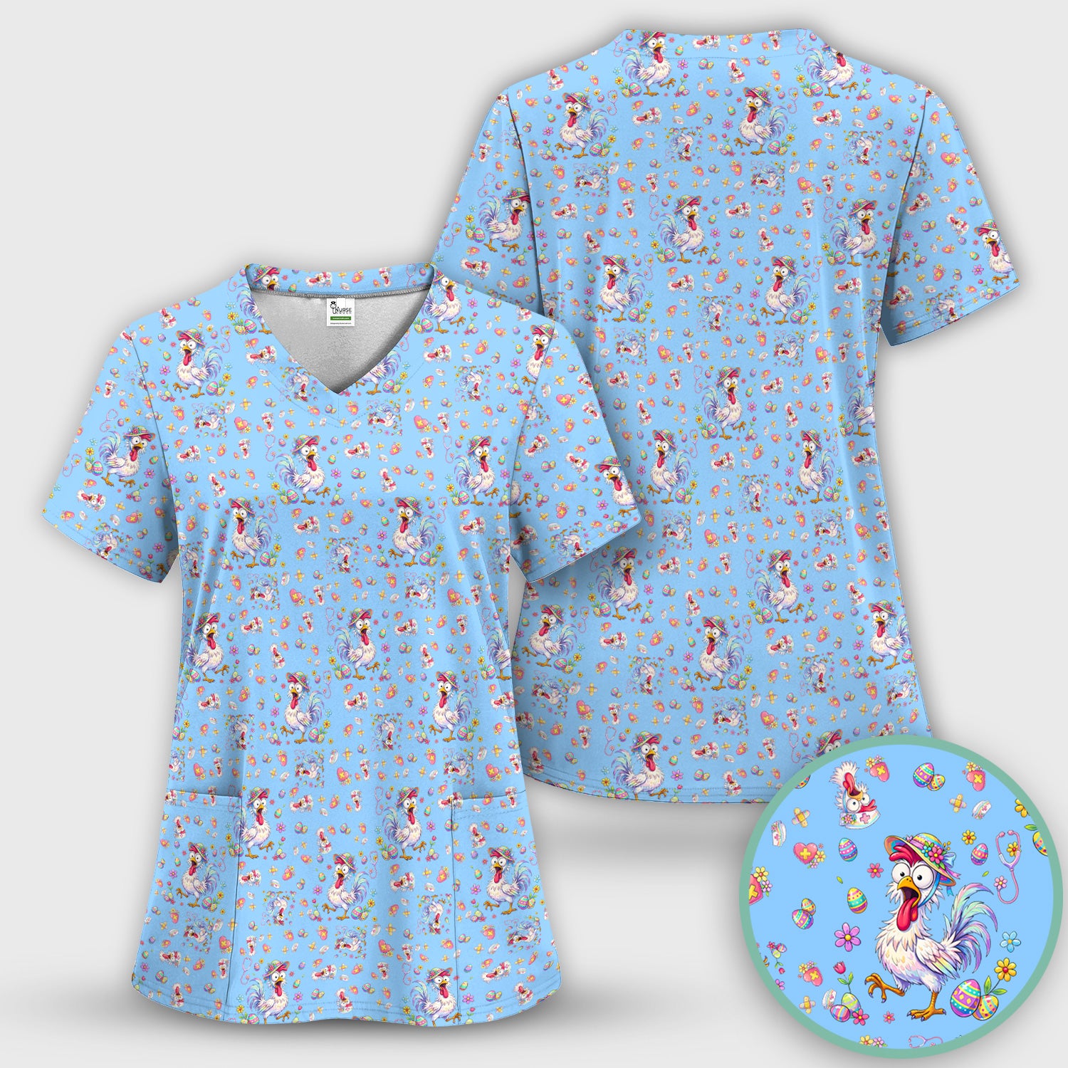 Funny Easter Nurse Chicken Pattern Scrub Top, Comfortable Scrubs for Nurses