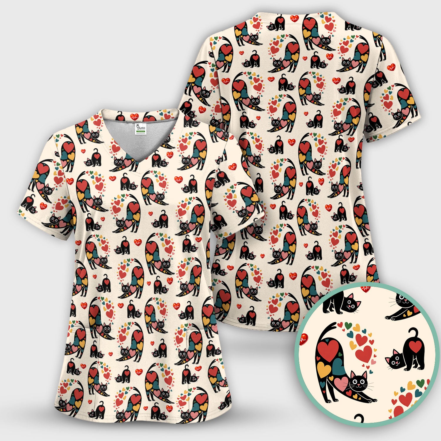 Playful Cat Valentine Heart Print Nurse Scrub Top, Comfortable Scrubs for Nurses