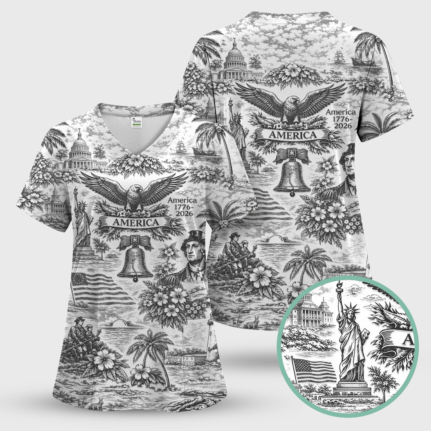 Patriotic America Heritage Toile Pattern Scrub Top, Breathable Fabrics Nursing Uniform