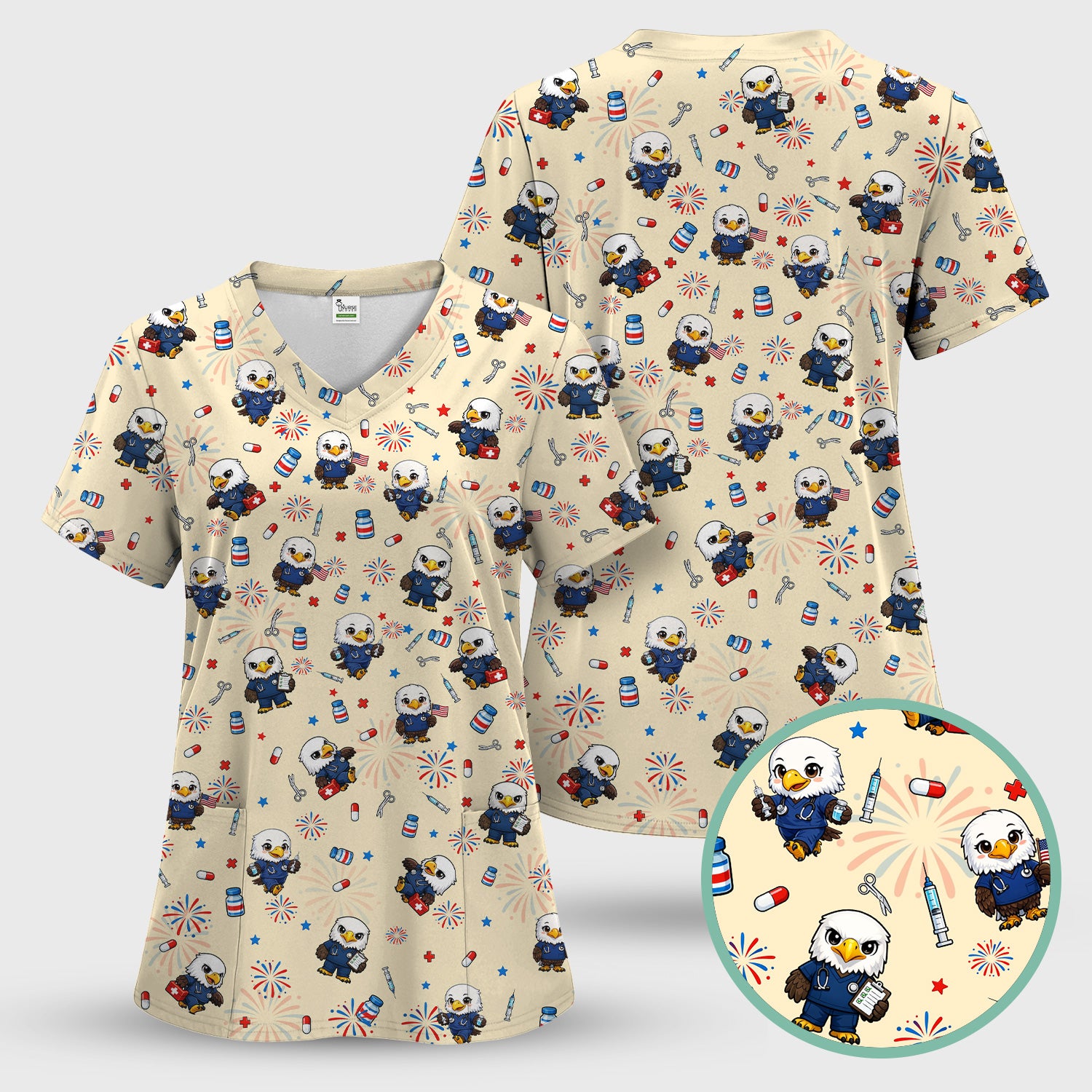 Patriotic Nurse Eagle Fireworks Medical Pattern Scrub Set, Women's Scrub Sets