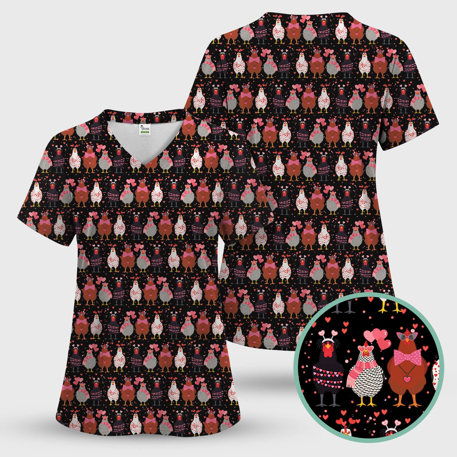 Funny Chicken Valentine Scrub Top, Chicken Pattern Scrub Shirt For Nursing, Valentine Gift For Nurse