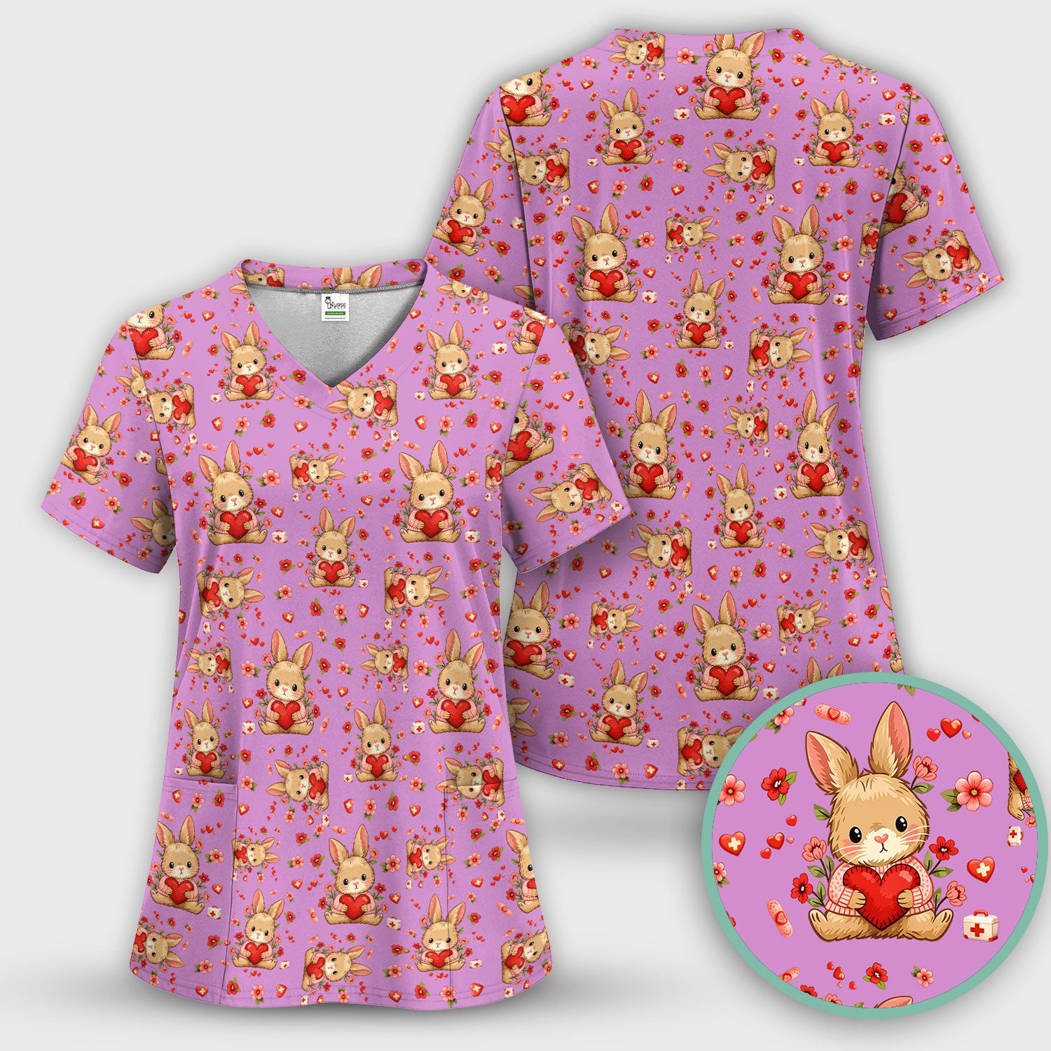 Adorable Bunny Heart Healthcare Design Scrub Top, Comfortable Scrubs for Nurses, Easter