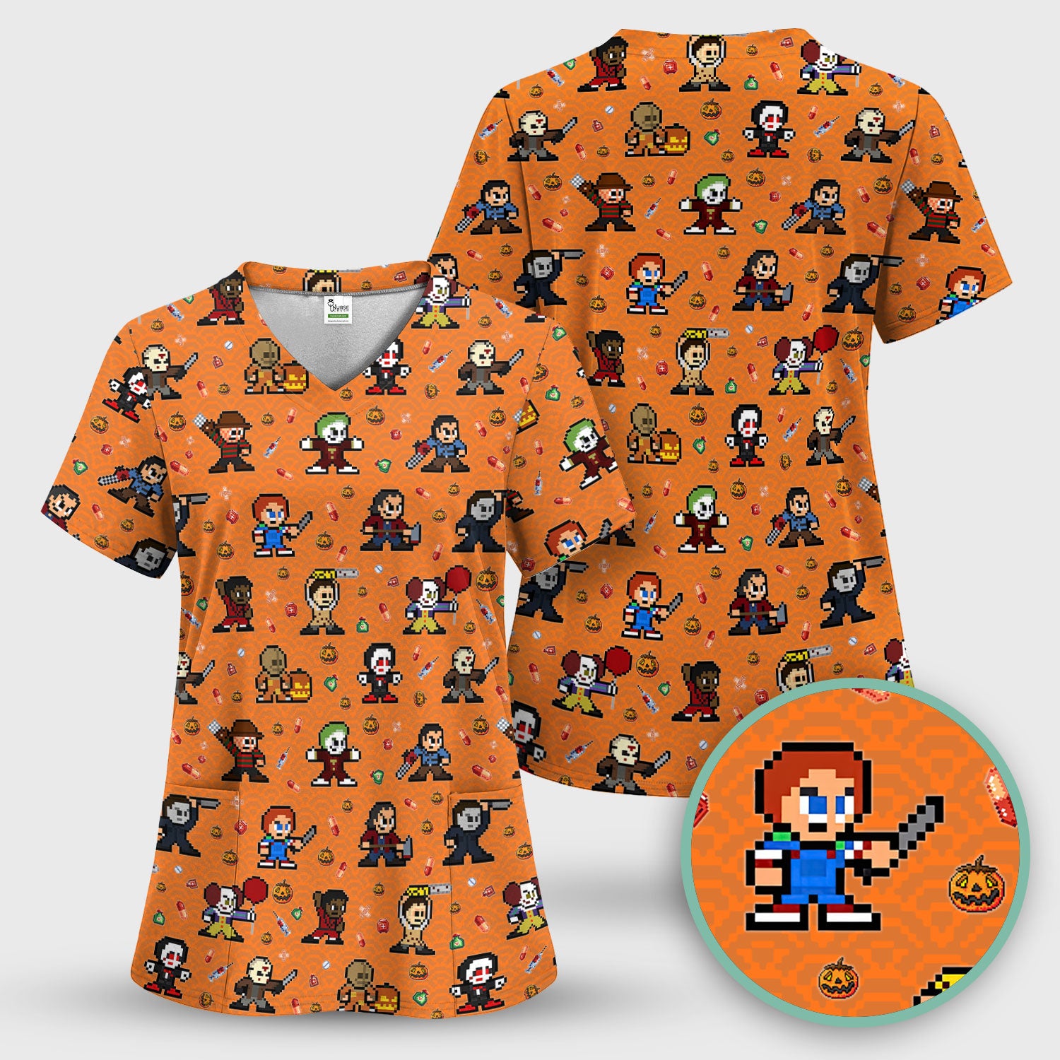 Halloween Horror Pixel Scrub - Retro Scary Character Med Uniform - Comfortable Scrubs for Nurses - Spooky Gift for RN LPN CNA