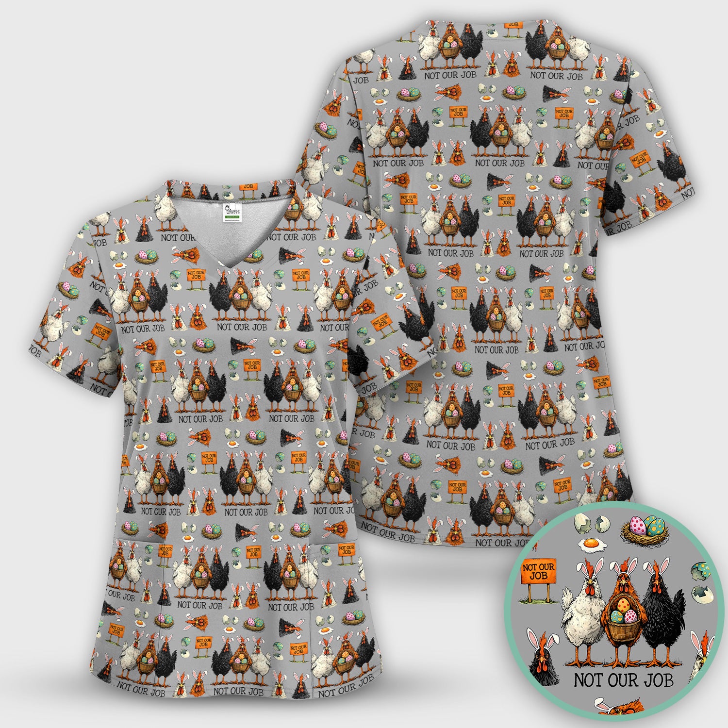 Funny Easter Chicken Humor Pattern Scrub Top, Comfortable Scrubs for Nurses