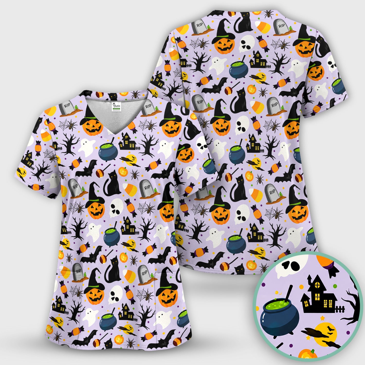 Ghost Pumpkin Witch Pattern Scrub Set, Scrub Pants and V Neck Top