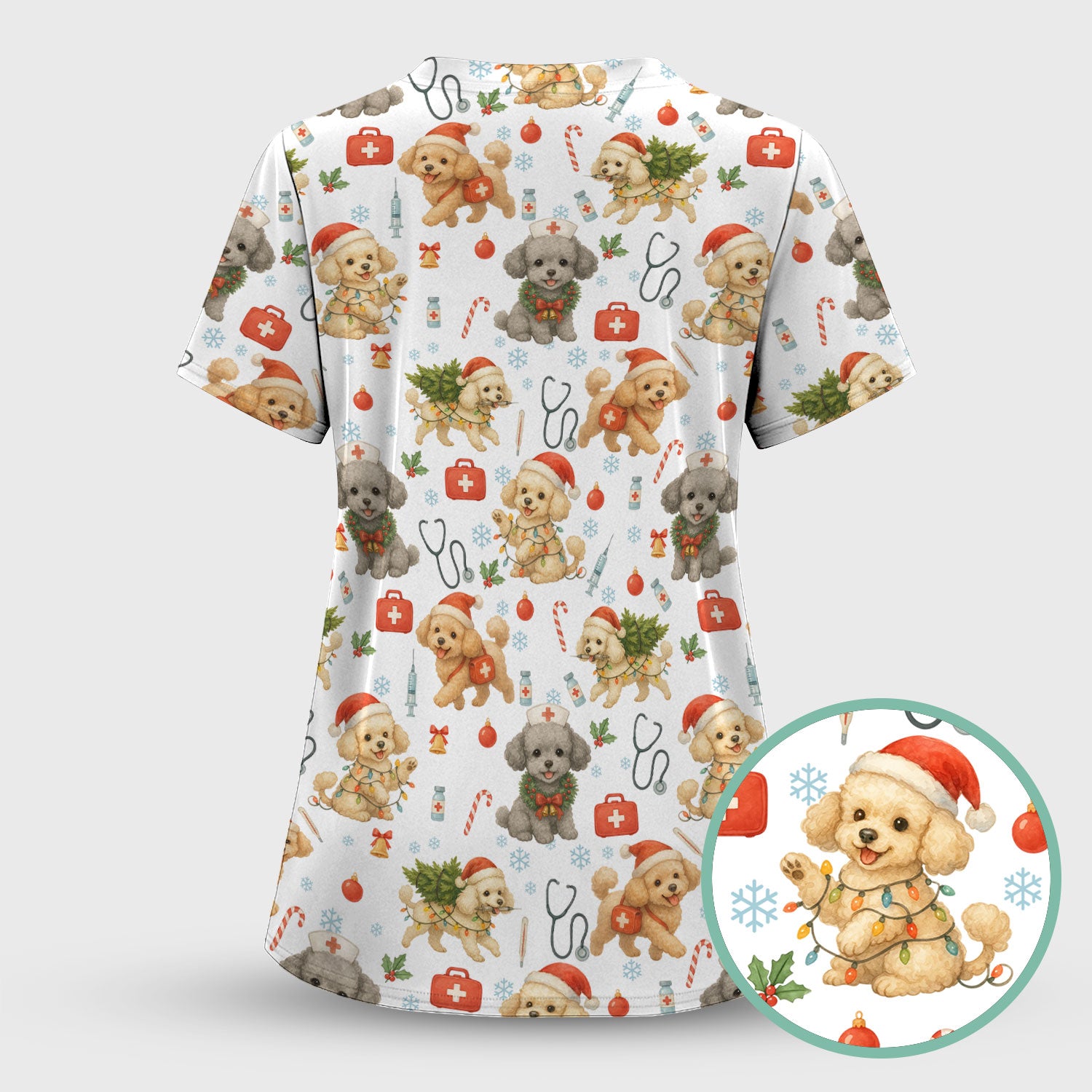 Cute Christmas Dog Scrub Top - Puppy Nurse Shirt Santa Hat Print - Holiday Medical Scrubs Gift for Women CNA RN Doctor