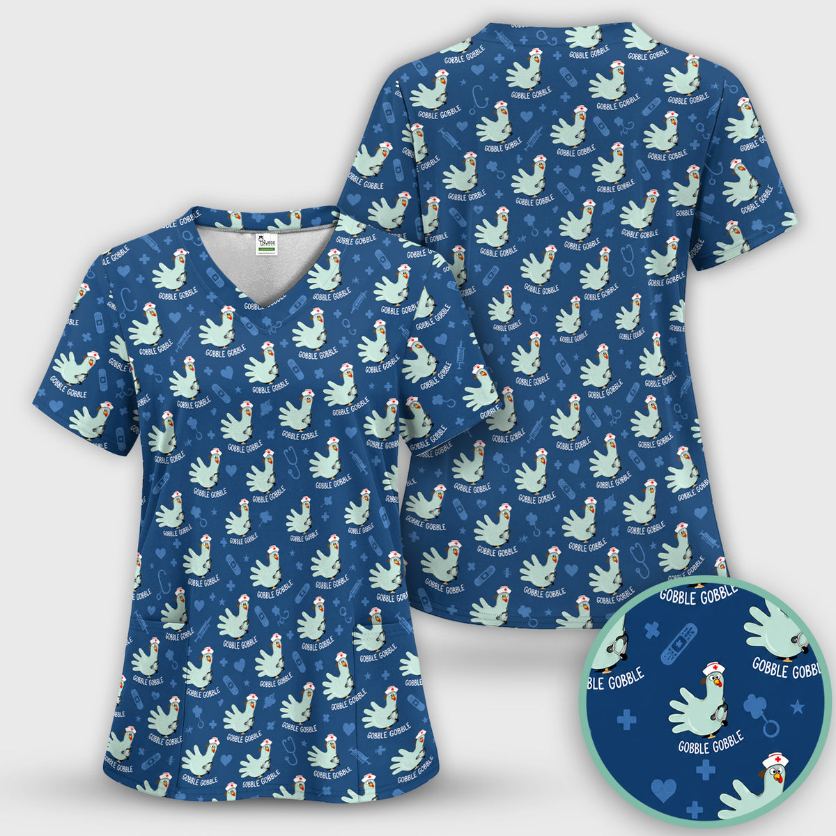 Funny Gobble Gobble Nurse Turkey Scrub Set, Scrub Pants and V Neck Top