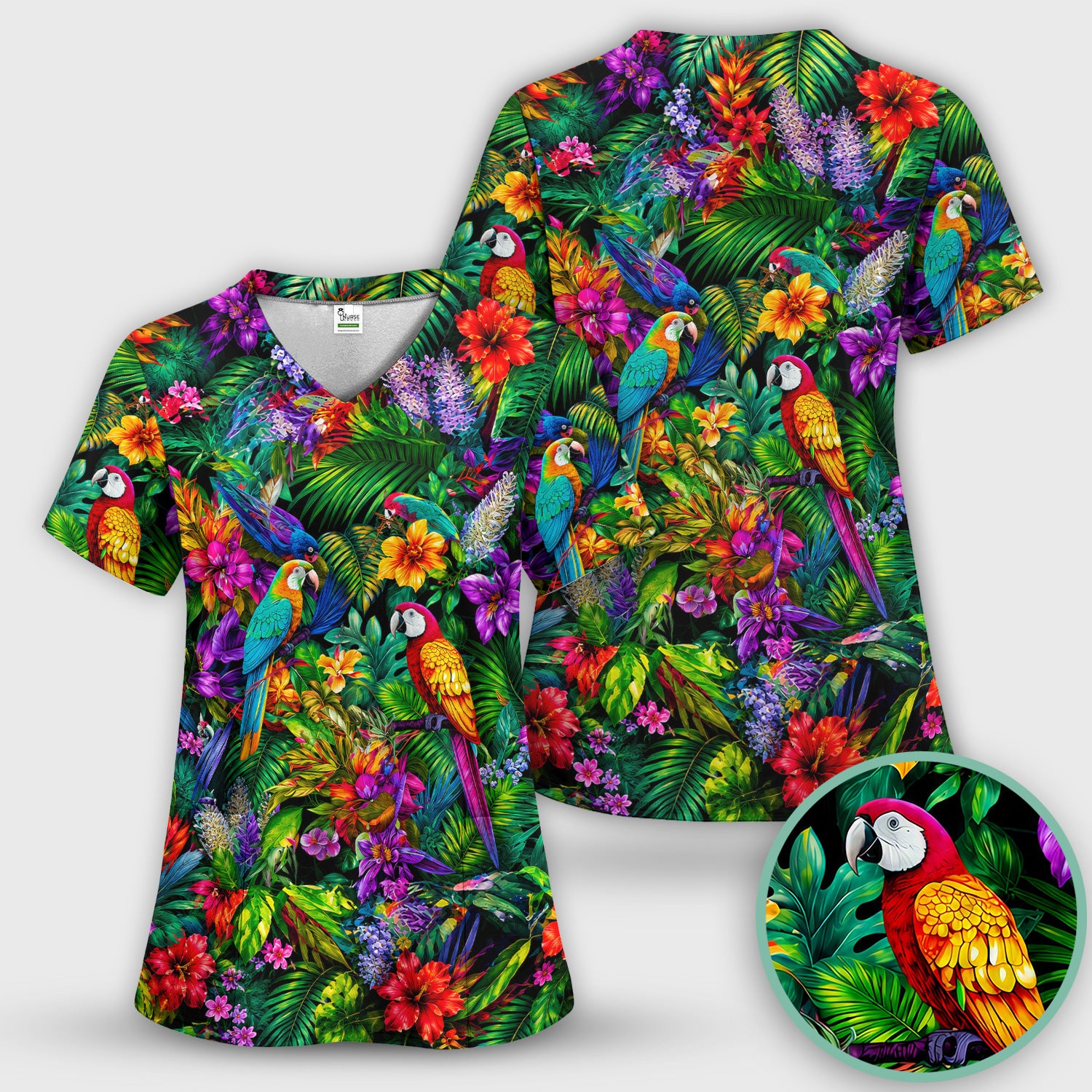 Tropical Parrot Jungle Blossom Pattern Scrub Set, Scrub Pants and V Neck Top