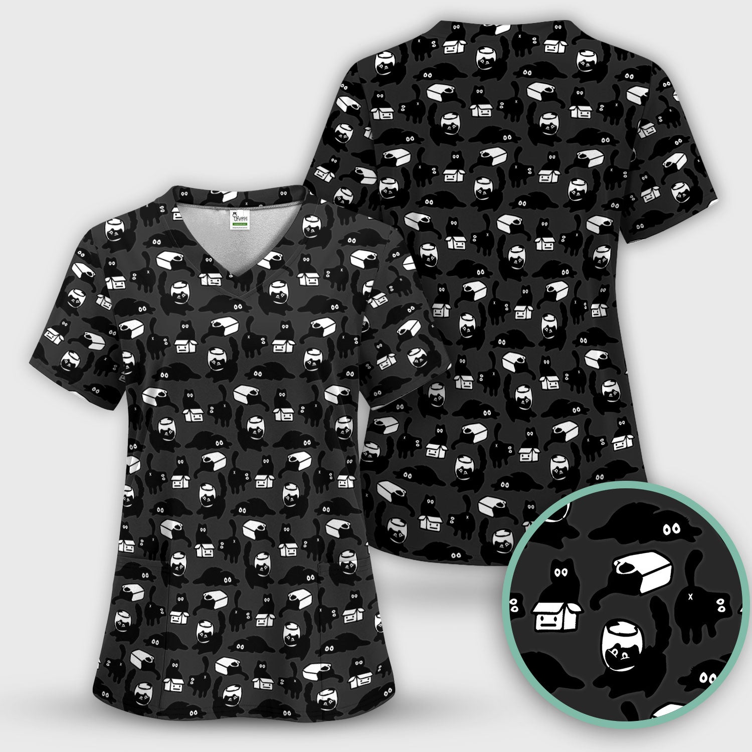 Dark Playful Cat Cartoon Pattern Scrub Top, Comfortable Scrubs for Nurses