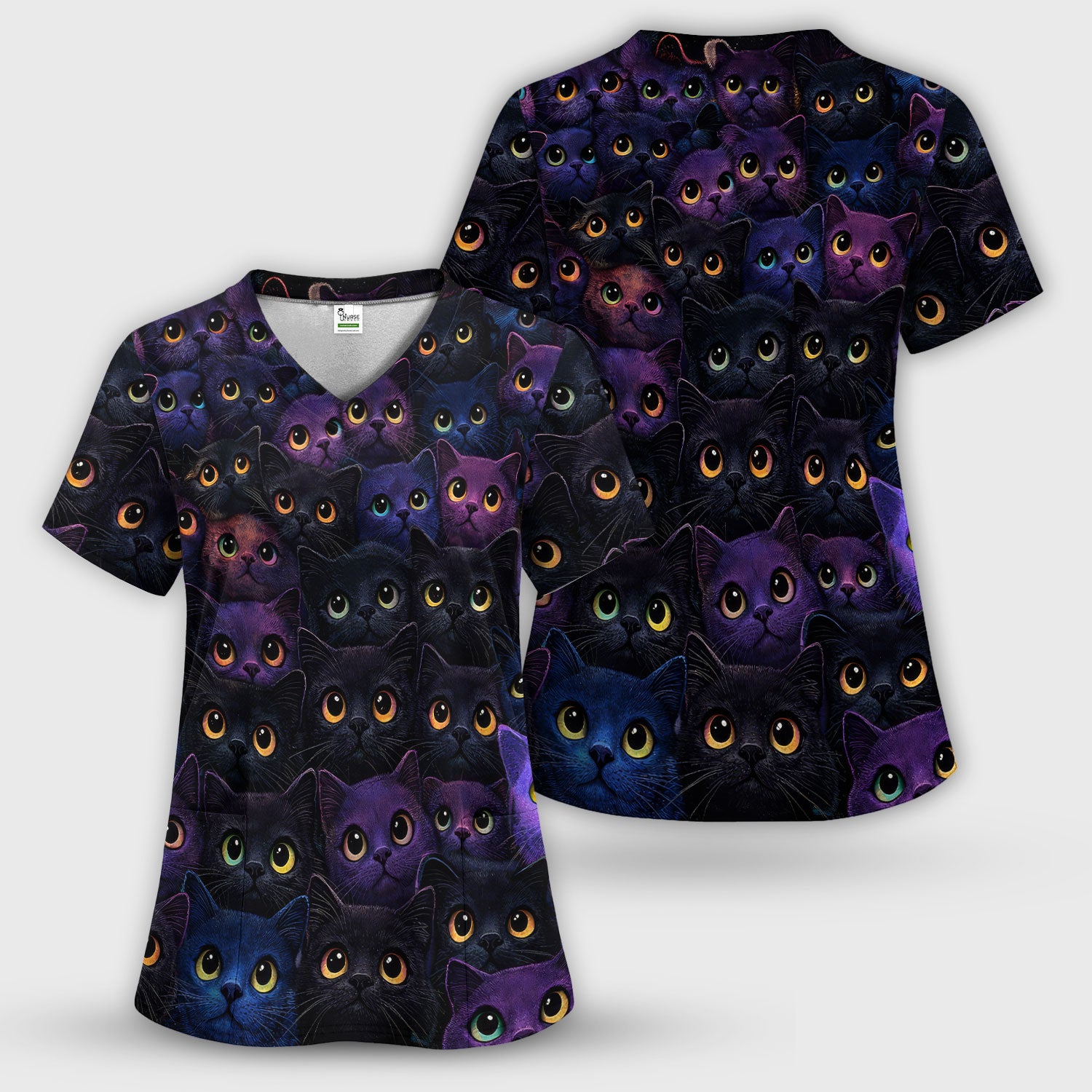 Cute Colorful Cat Eyes Pattern Scrub Set for Nurses, Scrub Pants and V Neck Top, Breathable Med Uniform