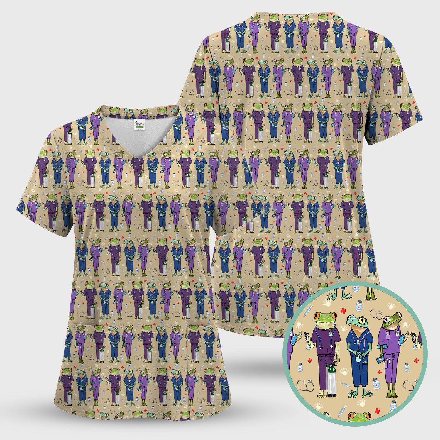Funny Frog Nurse Pattern Scrub Set, Scrub Pants and V Neck Top