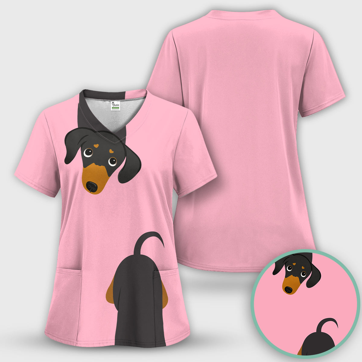 Cute Peekaboo Dachshund Dog Scrub Top, Comfortable Scrubs for Nurses