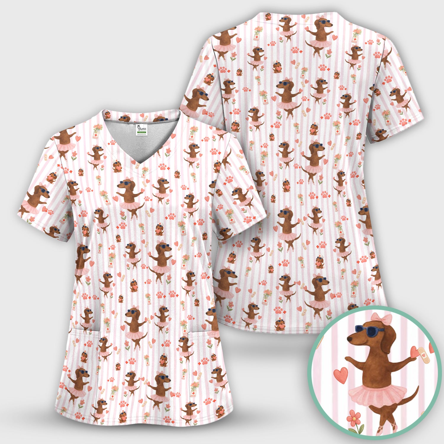 Cute Dachshund Dog Ballet Tutu Hearts Pattern Scrub Set, Scrub Pants and V Neck Top