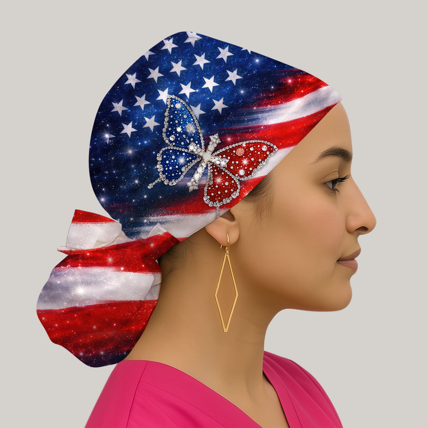 USA Flag Glitter Butterfly Rhinestone Pattern Caps, Breathable Fabrics Caps Uniform