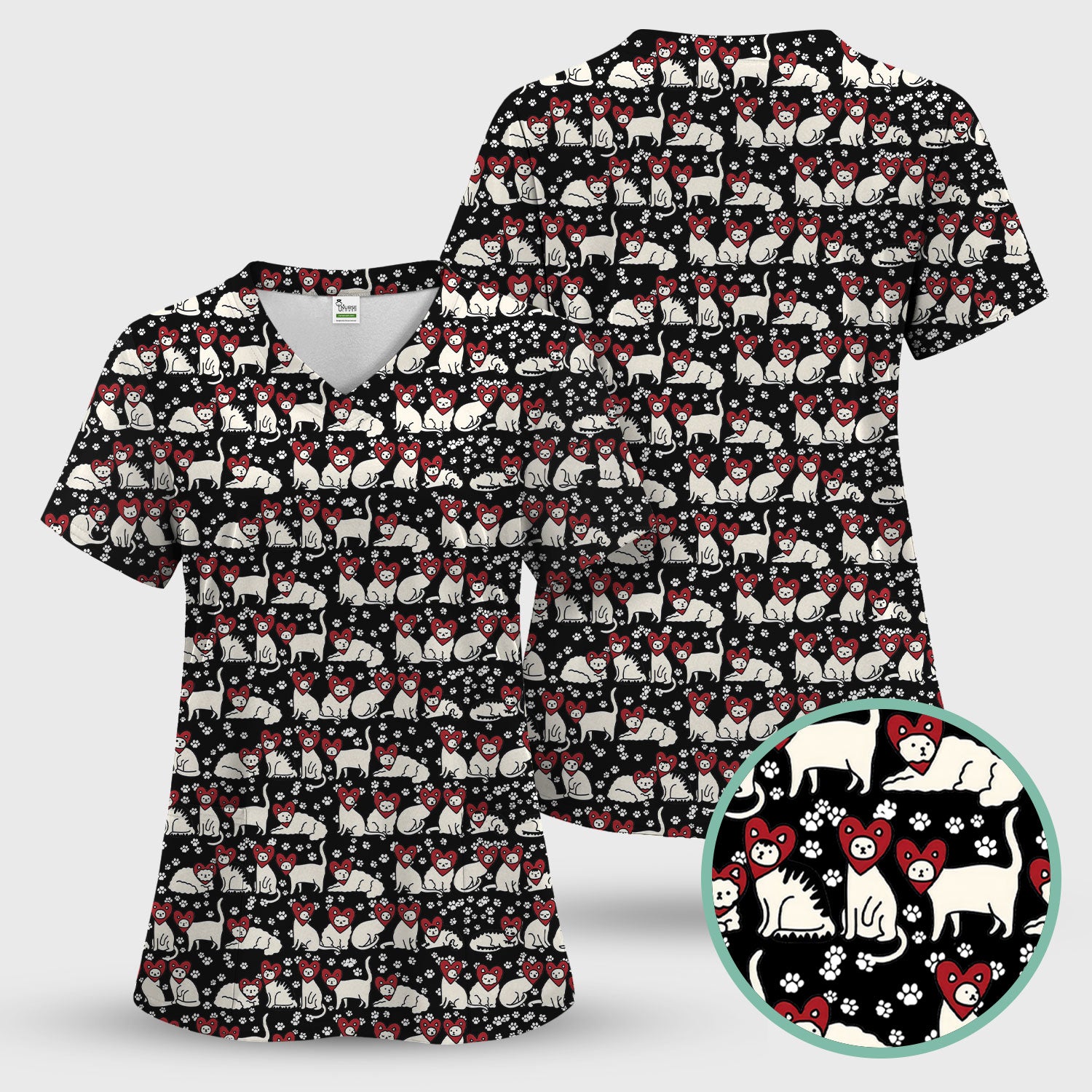 Cute Cat Heart Pattern Scrub Top, Funny Cat Scrub Shirt For Nurses, Breathable Fabrics Nursing Uniform