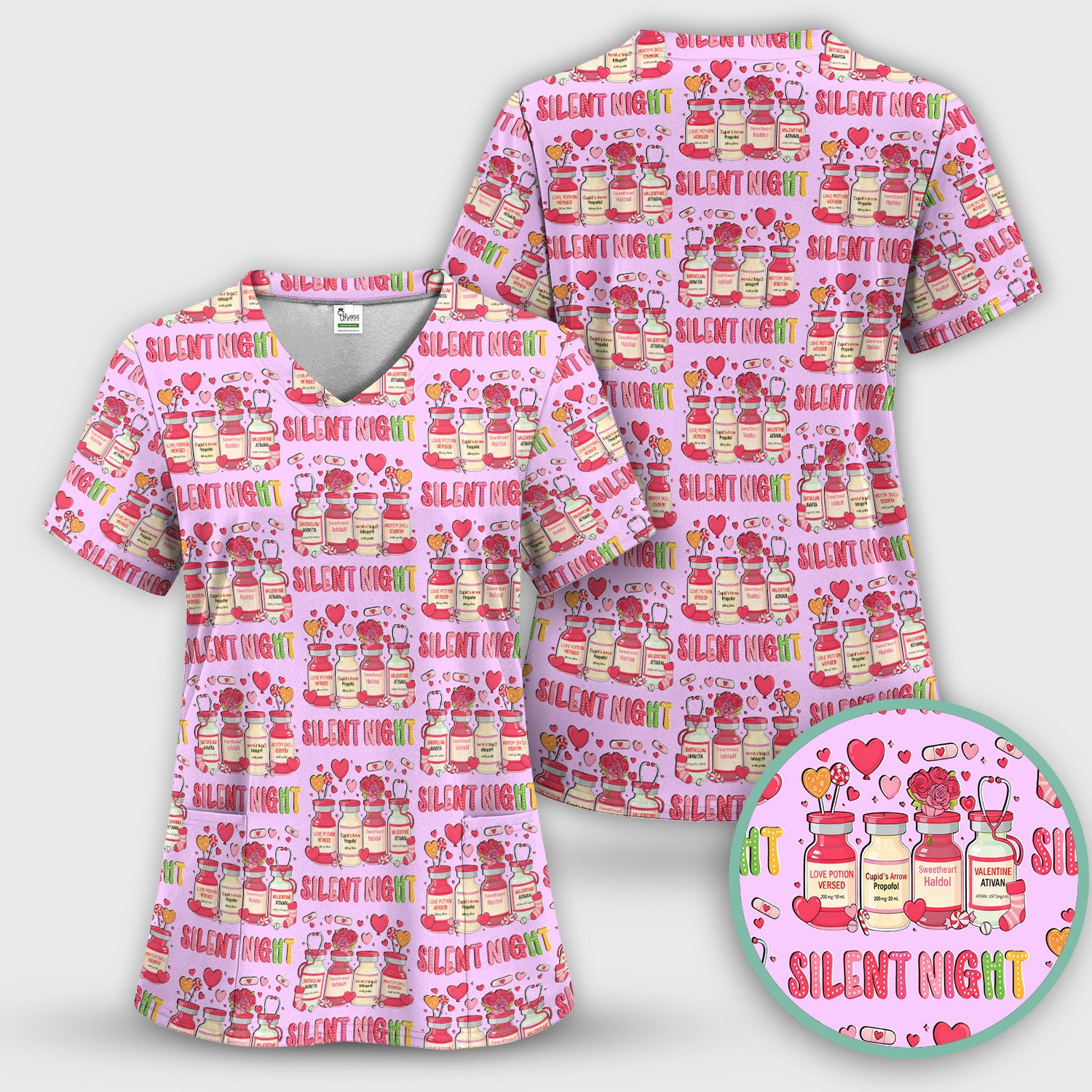 Valentine Silent Night Love Design Scrubs Set, Breathable Med Uniform