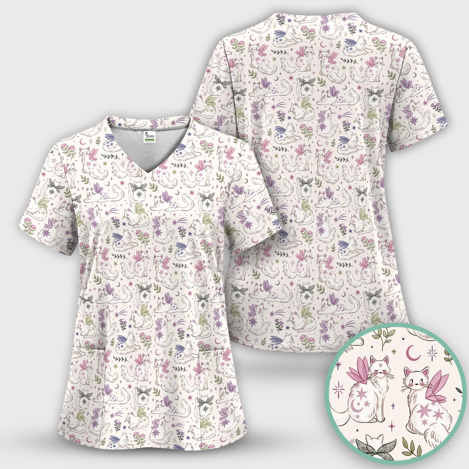 Cute Fairy Cat Moon Star Floral Pattern Scrub Top, Comfortable Scrubs for Nurses