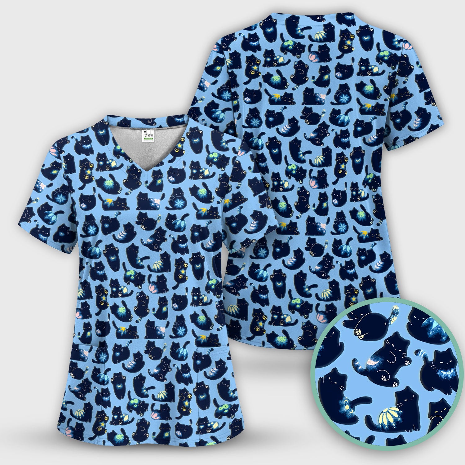 Midnight Cat Scrub Top, Black Cat Pattern Nurse Shirt, Breathable Fabrics Nursing Uniform