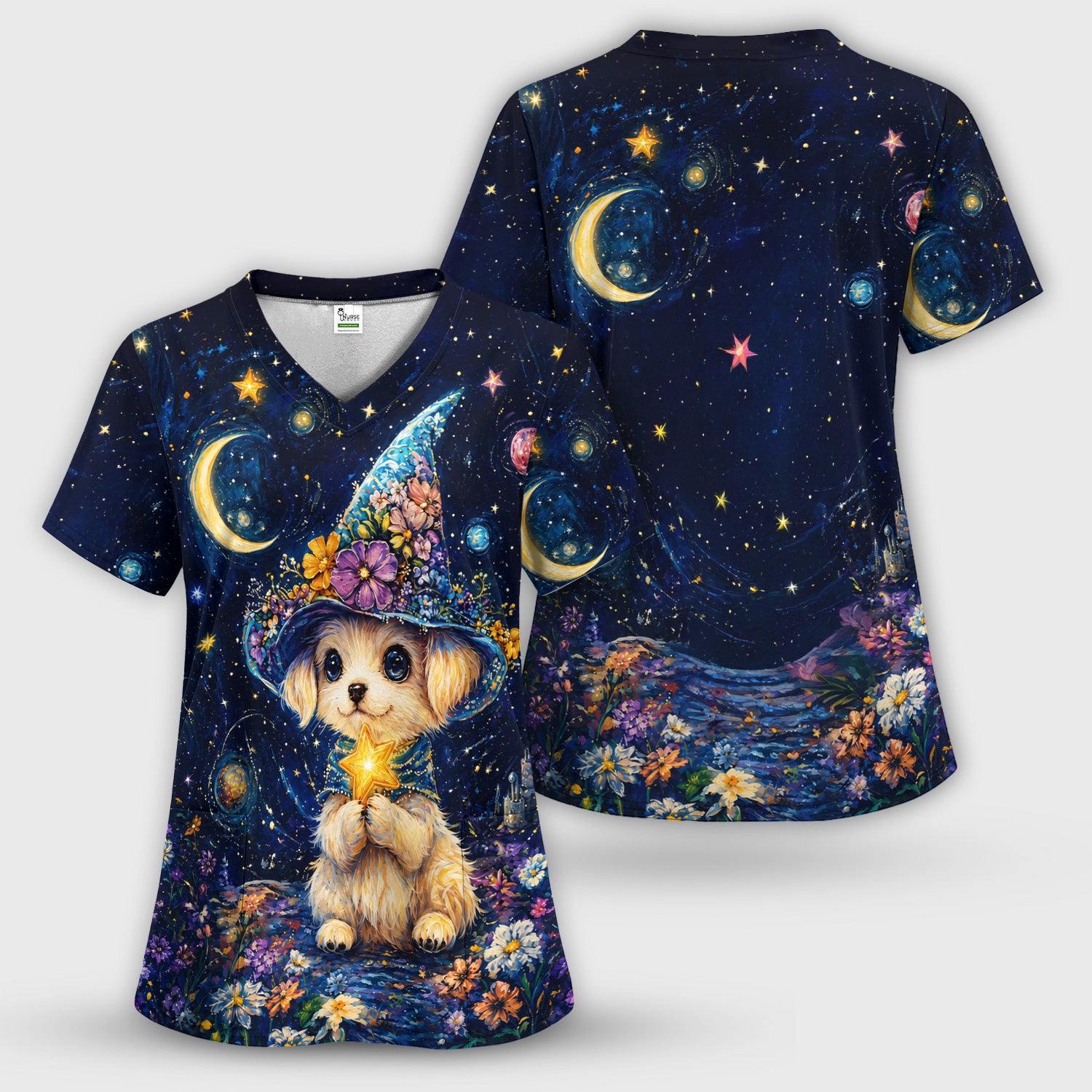 Cute Puppy Wizard Nurse Pattern Scrub Top, Comfortable Scrubs for Nurses