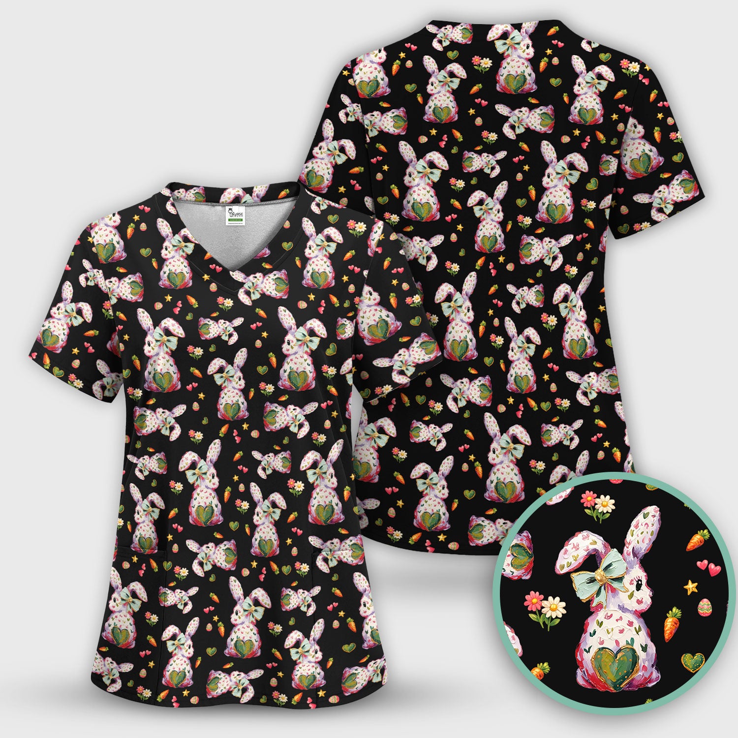 Cute Pastel Bunny Easter Pattern Scrub Top, Comfortable Scrubs for Nurses