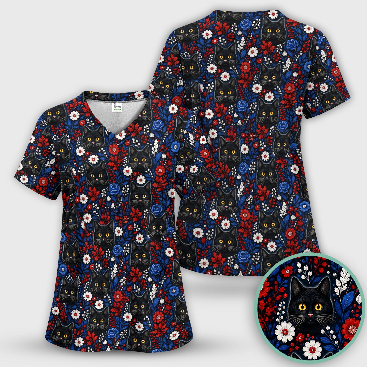 Black Cat Floral Nurse Pattern Scrub Set, Scrub Pants and V Neck Top