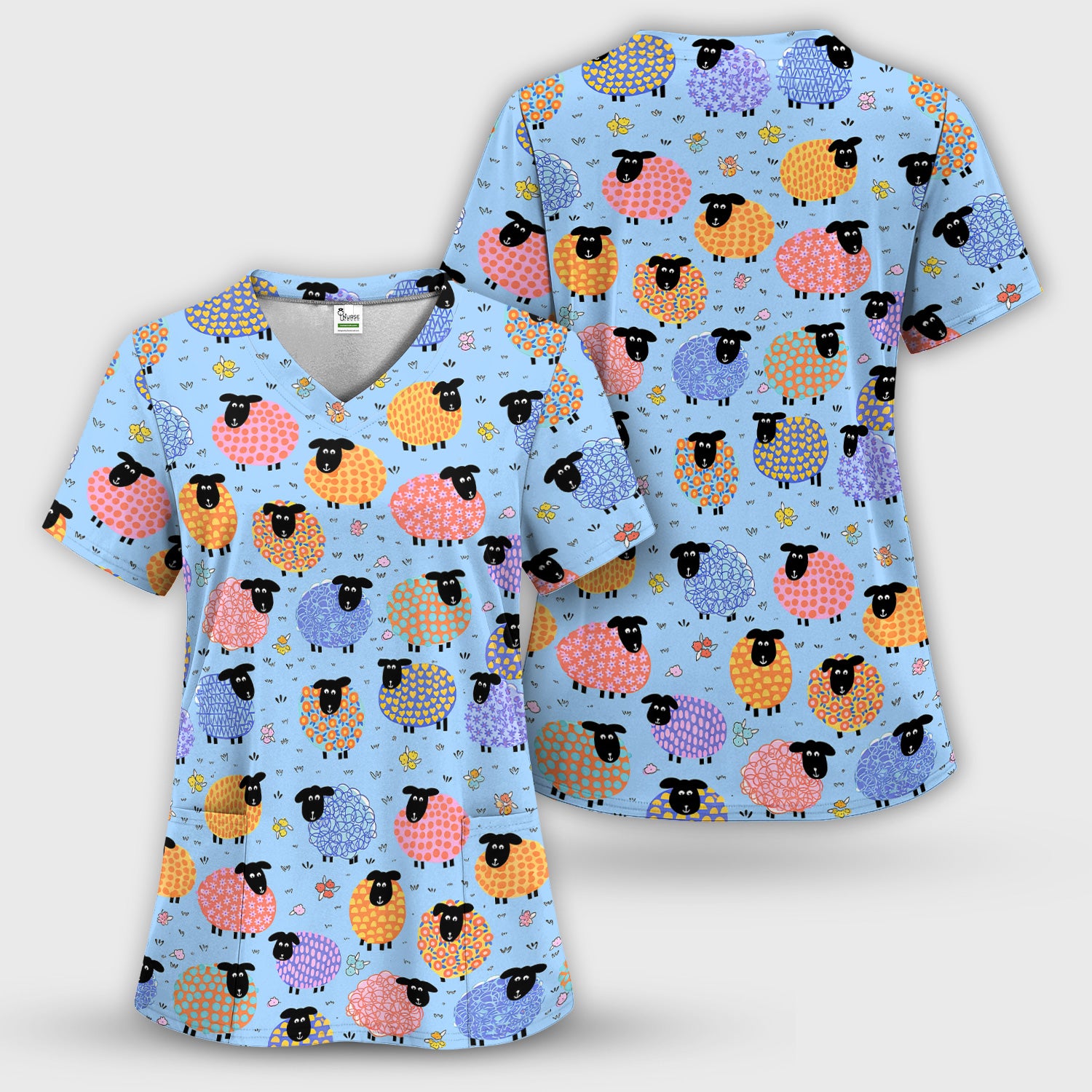 Funny Colorful Sheep Pattern Scrub Set, Scrub Pants and V Neck Top