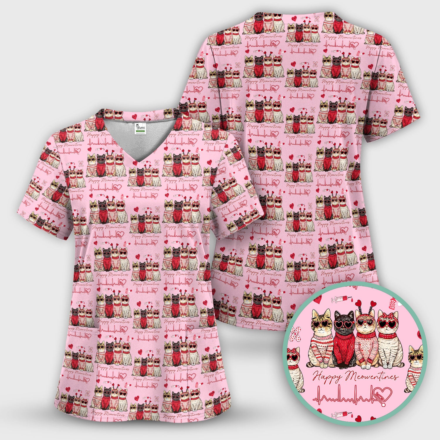 Happy Meowtines Cat Pattern Scrub Top, Valentine Cat Lover Nurse Scrub Shirt, Heartbeat Medical Pattern Nursing Uniform