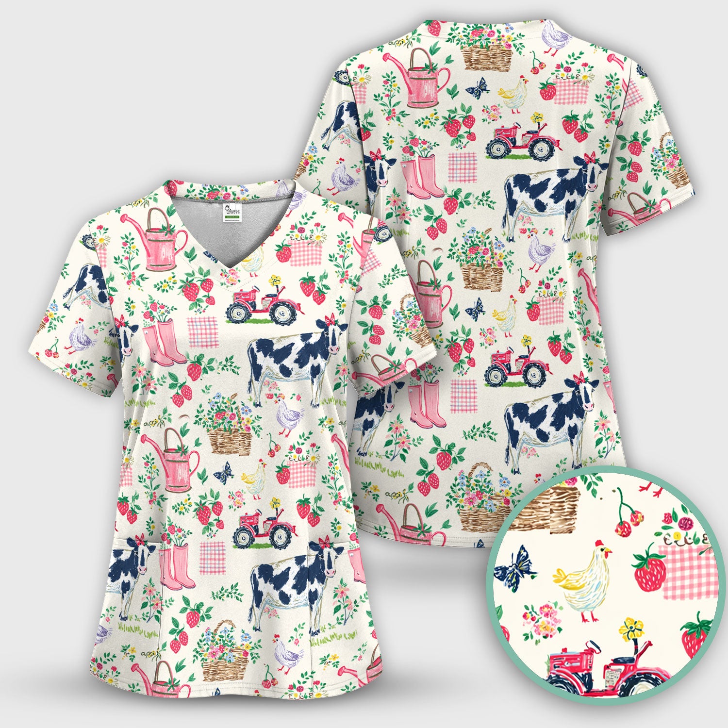 Strawberry Cow Country Style Scrub Top, Comfortable Scrubs for Nurses