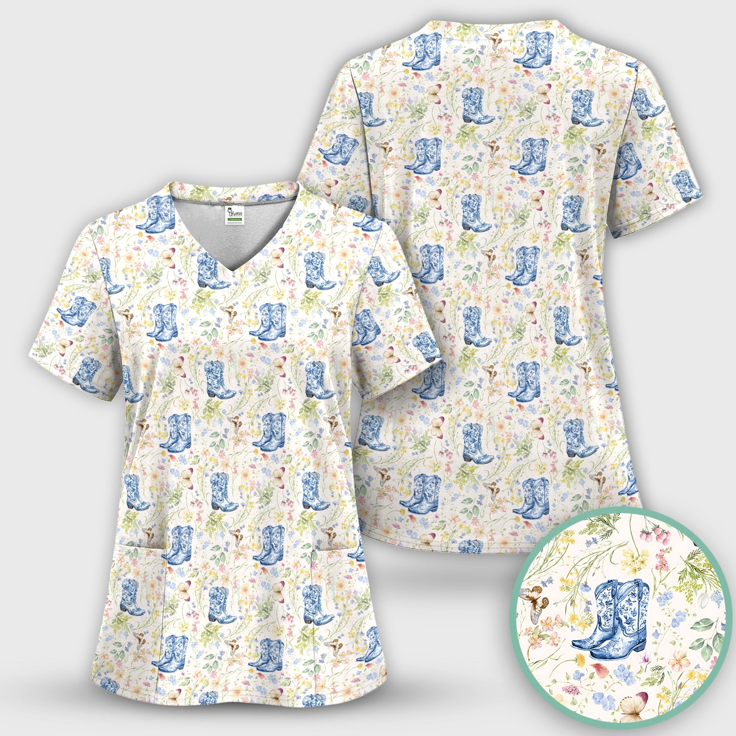 Vintage Cowboy Boots With Western Floral Scrub Set, Scrub Pants and V Neck Top