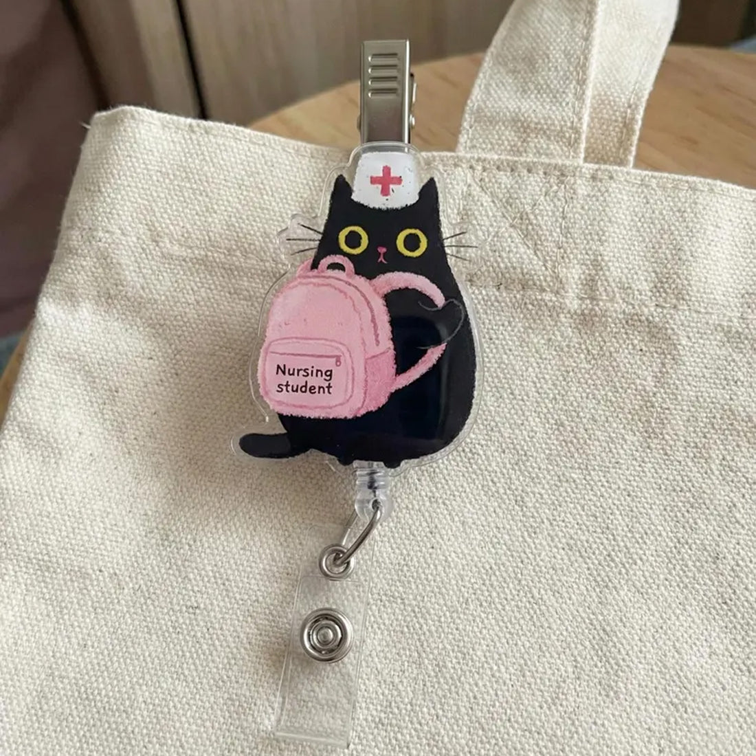 Cute Nursing Student Cat Badge Reel for Nurses & Doctors, Funny Black Cat ID Holder Clip