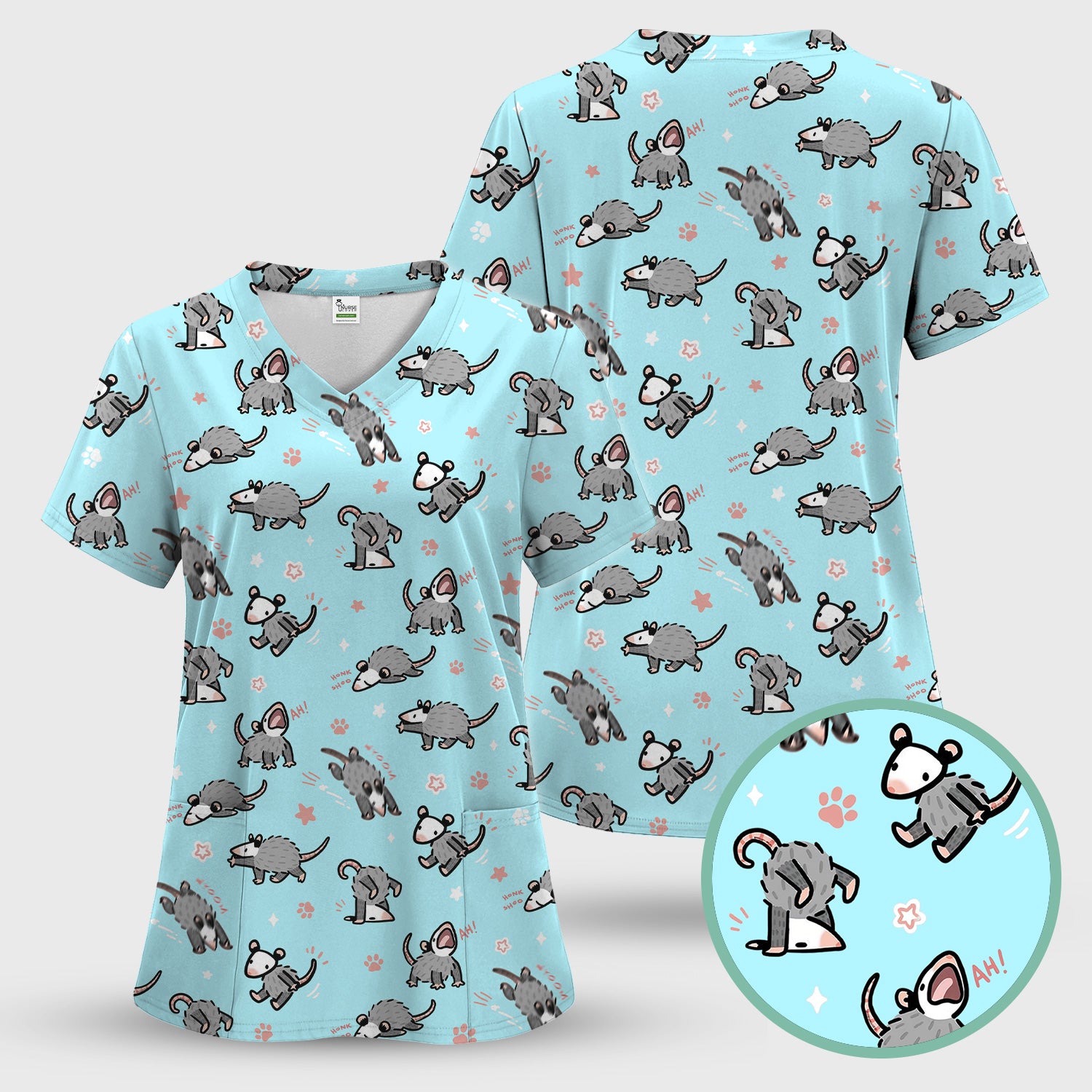 Playful Cartoon Opossum Character Pattern Scrub Top, Breathable Fabrics Nursing Uniform
