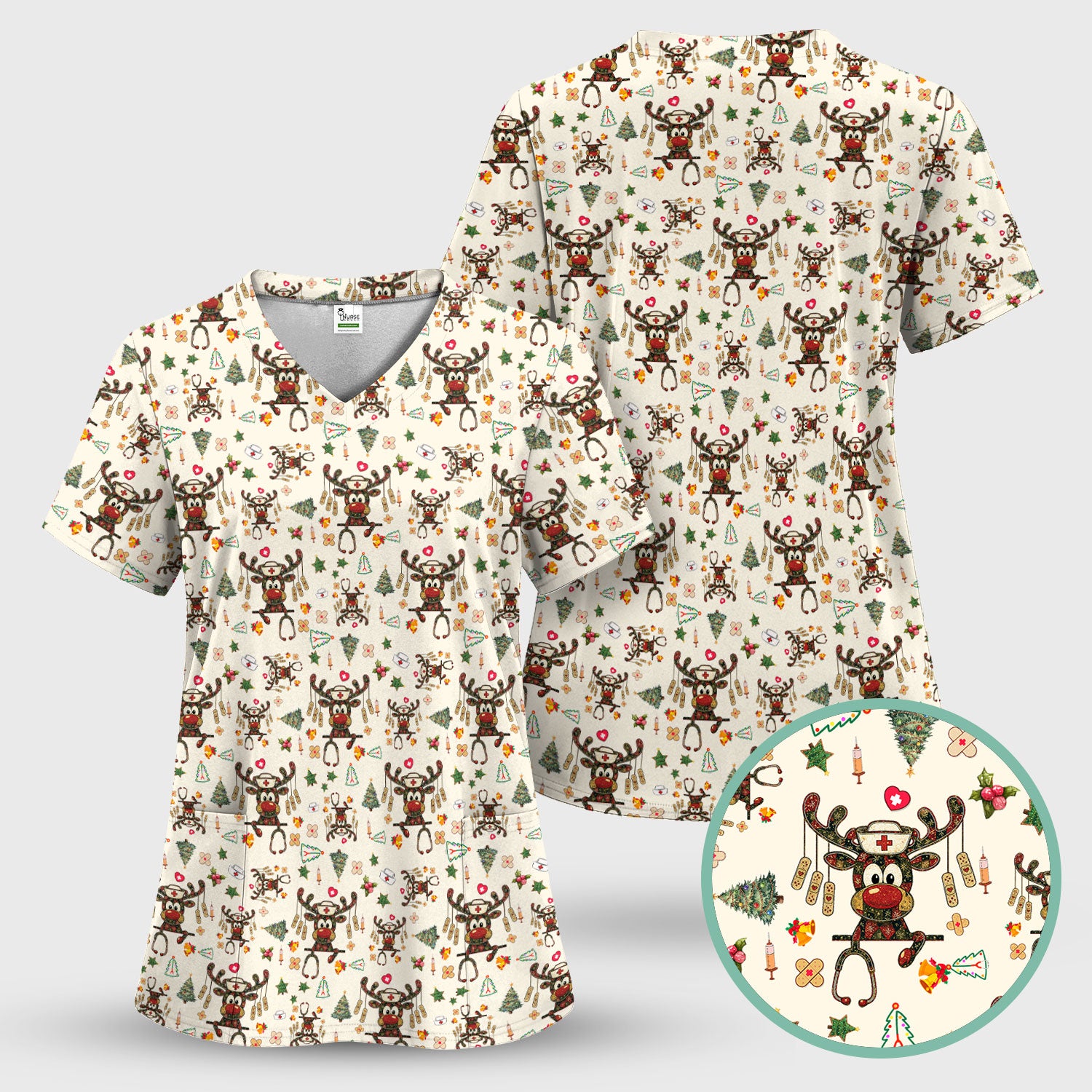 Reindeer Christmas Nurse Scrub Top - Funny Holiday Scrub Shirt - Cute Medical Uniform for Women RN LPN CNA Gift
